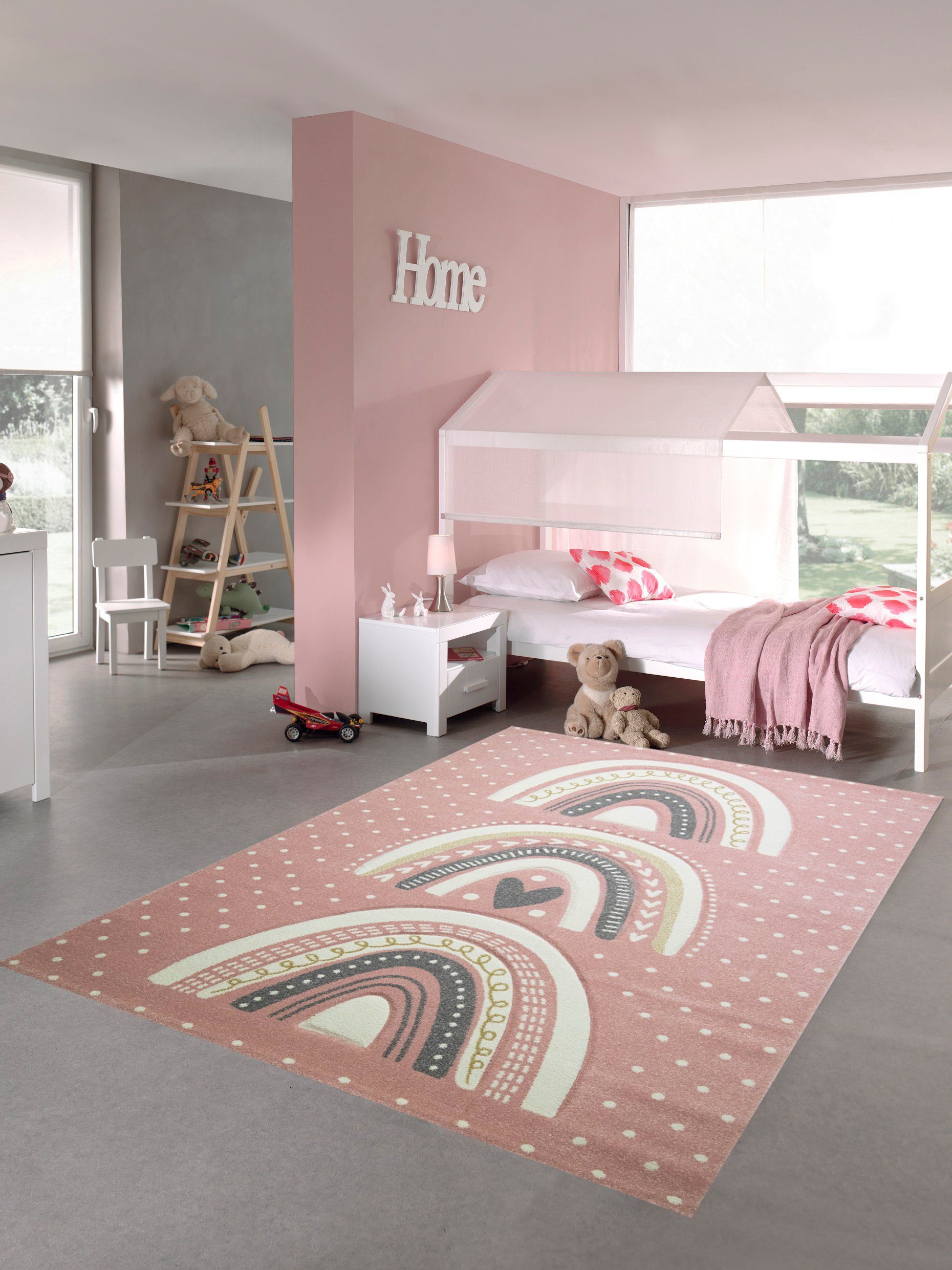 Design - rosa mm Kinderzimmer Höhe: Kinderteppich Spielteppich gepunktet rechteckig, Herz Teppich-Traum, Regenbogen 13 Teppich grau,