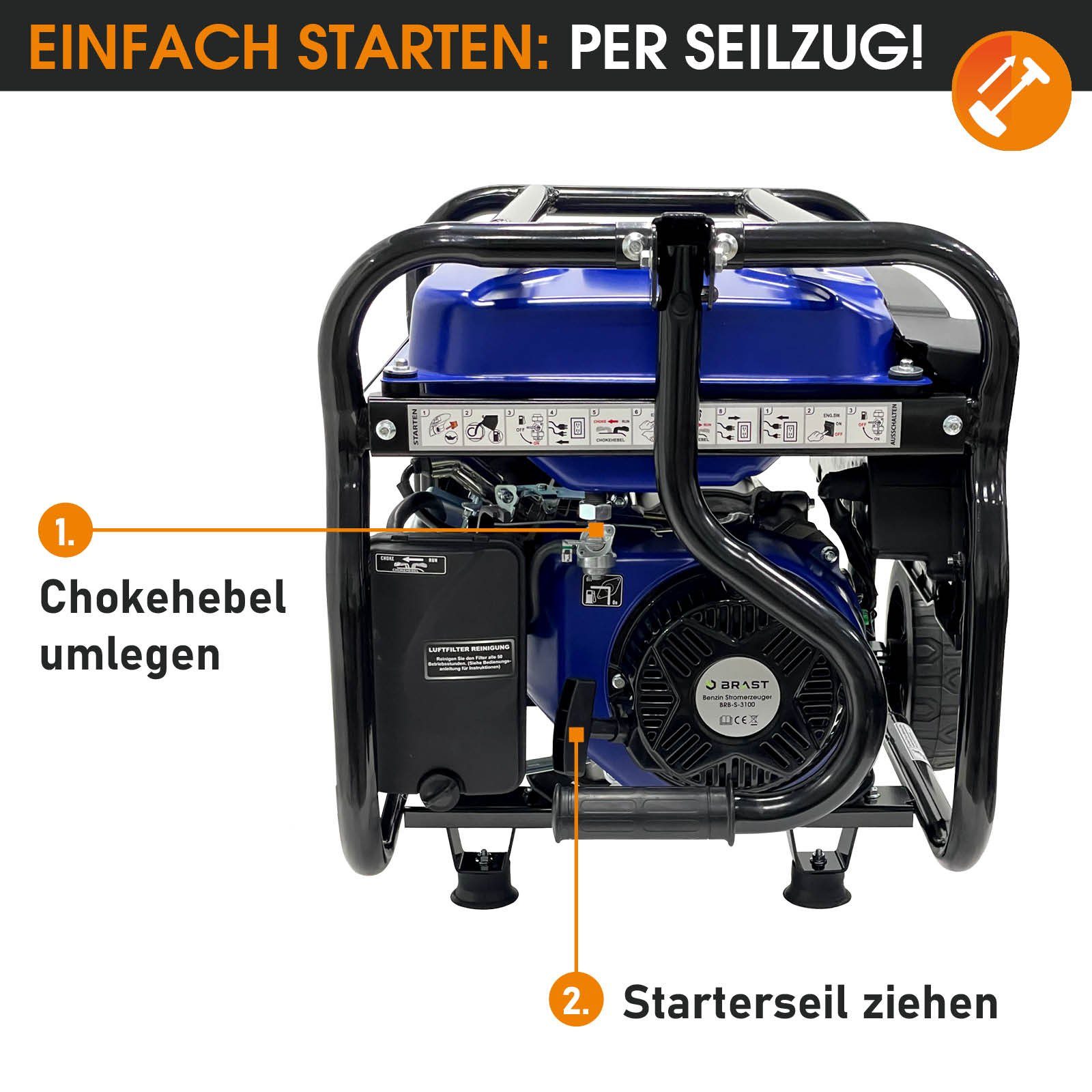 BRAST Stromerzeuger Benzin 4,8kW (6,5PS) Laufzeiten Stunden mit zu 212cm³ Einsatz), 23 4-Takt-Motor, für lange (Zahlreiche Generator bis Watt Stromgenerator flexiblen Anschlüsse 3000