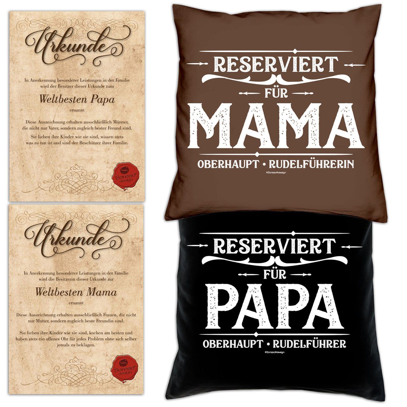 Soreso® Dekokissen Kissen-Set Reserviert für Papa Reserviert für Mama mit Urkunden, Geschenkset Geburtstagsgeschenk Geschenkide braun | Dekokissen