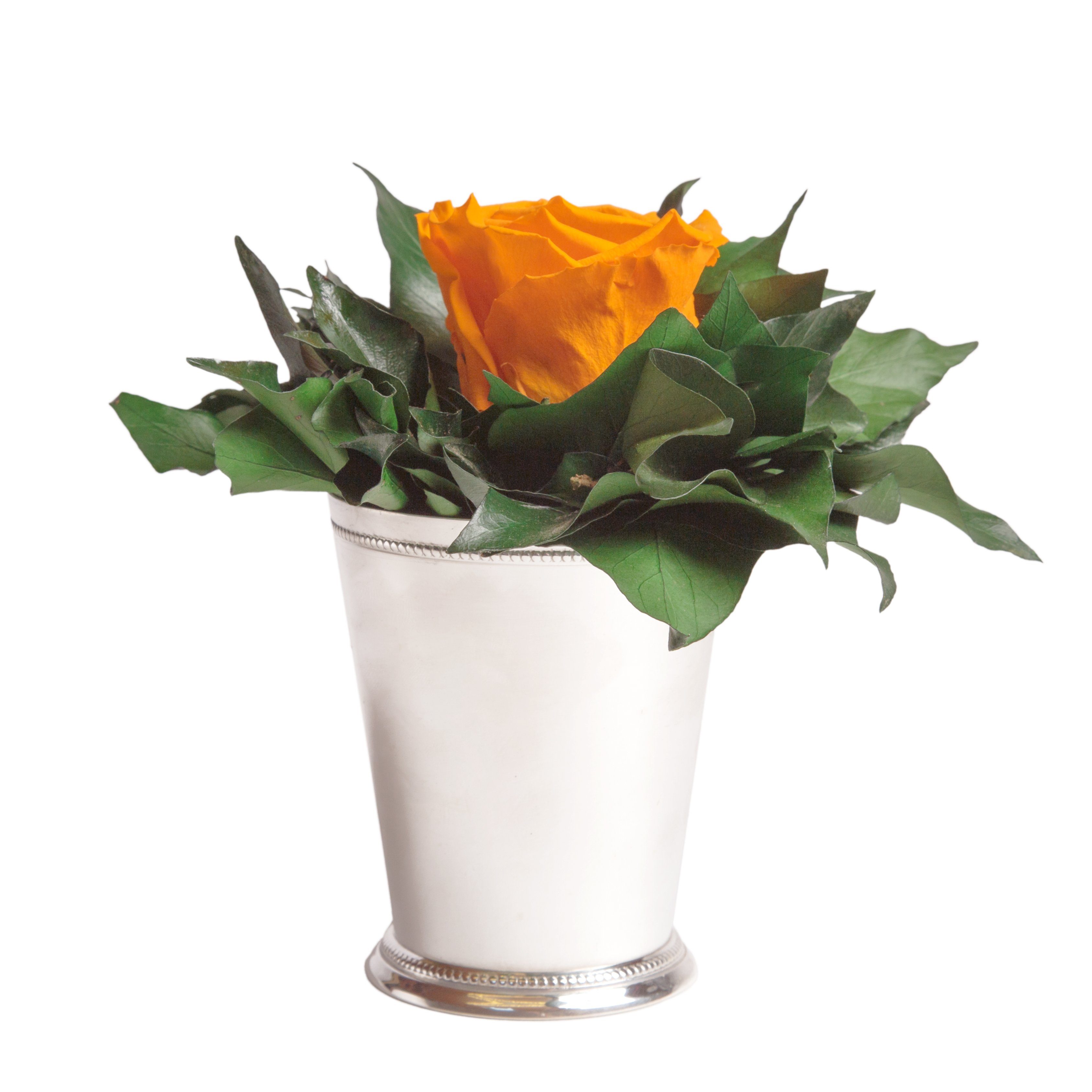 Kunstblumenstrauß Blumengesteck 1 Infinity Rose Becher silberfarben Geschenk für Frauen Rose, ROSEMARIE SCHULZ Heidelberg, Höhe 12 cm, Echte Rose lange haltbar, Made in Germany