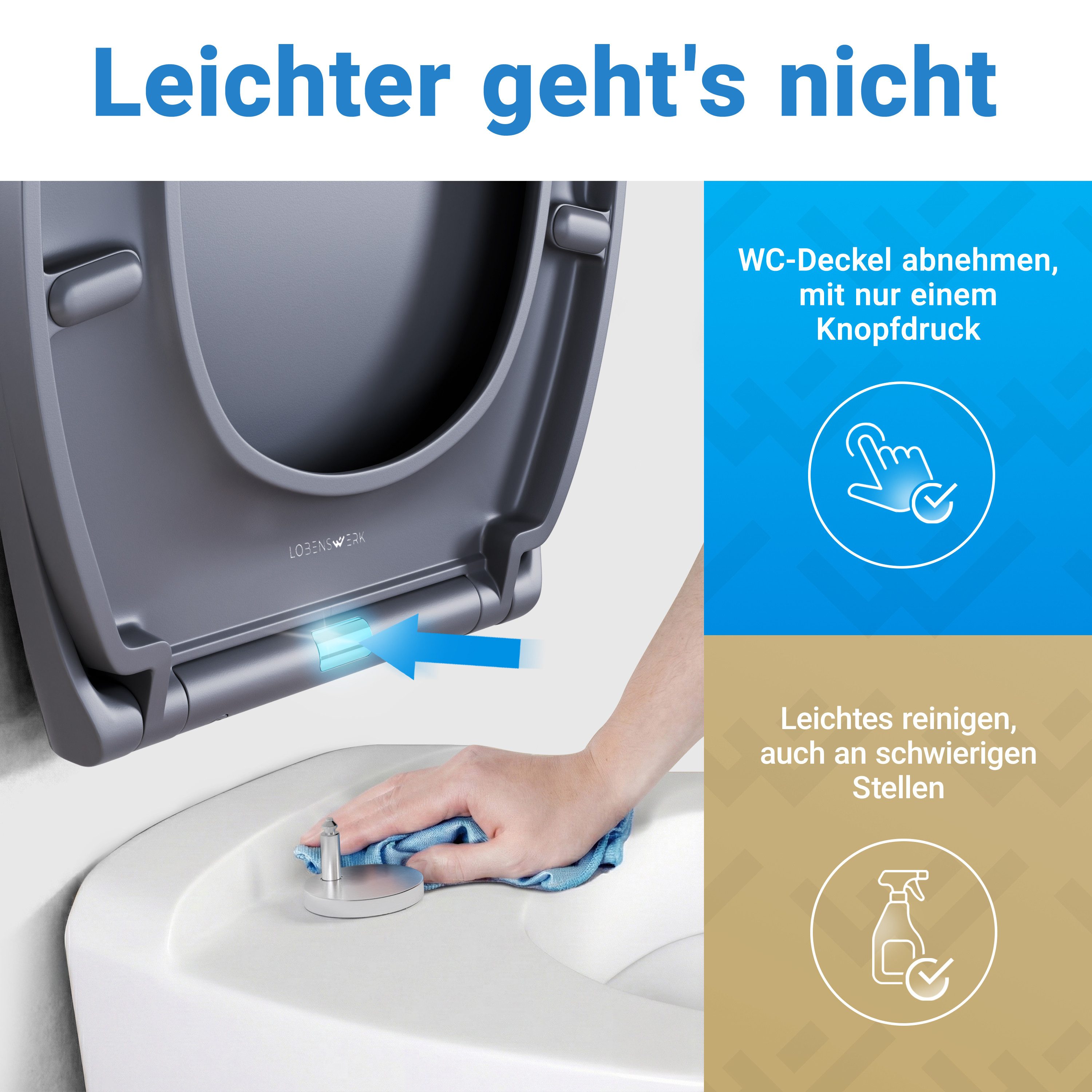 Lobenswerk WC-Sitz Toilettendeckel mit Absenkautomatik, Klodeckel, Klobrille, SoftClose, antibakteriell, UV-beständig, inkl. Installationsschablone