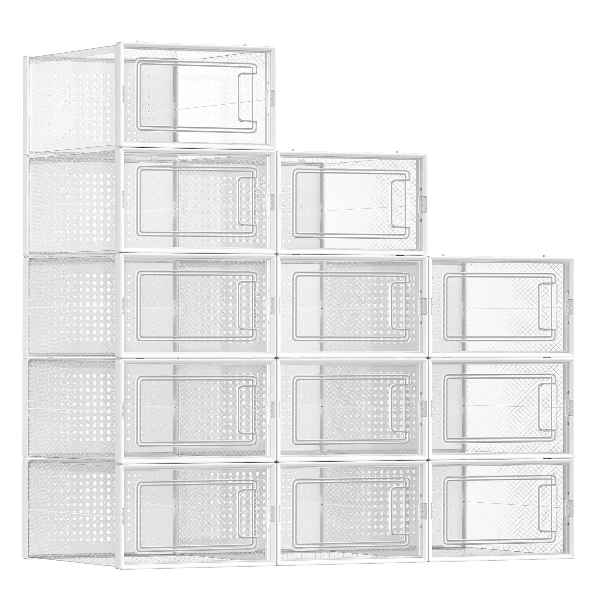 SONGMICS Schuhbox Schuh-Organizer, faltbar und stapelbar, transparent-weiß (12 St), aus Kunststoff, für Schuhe bis Größe 44, 31,2 x 22,5 x 13,5 cm