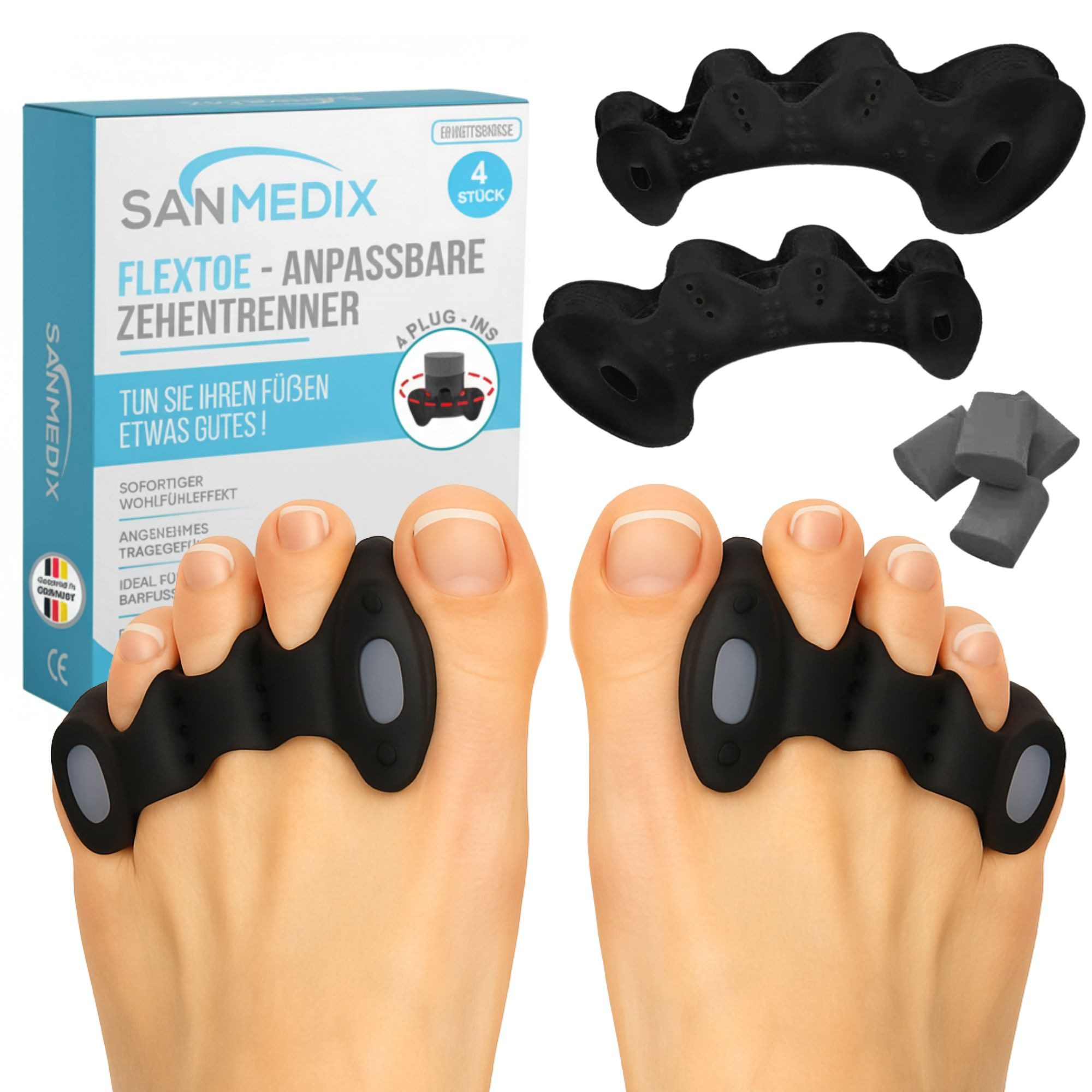 Sanmedix Zehenspreizer für alle Zehen - mit Plug-In System aus Silikon für Damen & Herren, 2 Paar (4 Stück + 4 Plug-Ins), Zehenstrecker Korrektur Set gegen Hallux Valgus, Ballenzehen uvm.