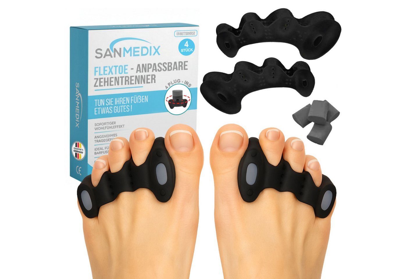 Sanmedix Zehenspreizer für alle Zehen - mit Plug-In System aus Silikon für Damen & Herren, 2 Paar (4 Stück + 4 Plug-Ins), Zehenstrecker Korrektur Set gegen Hallux Valgus, Ballenzehen uvm.