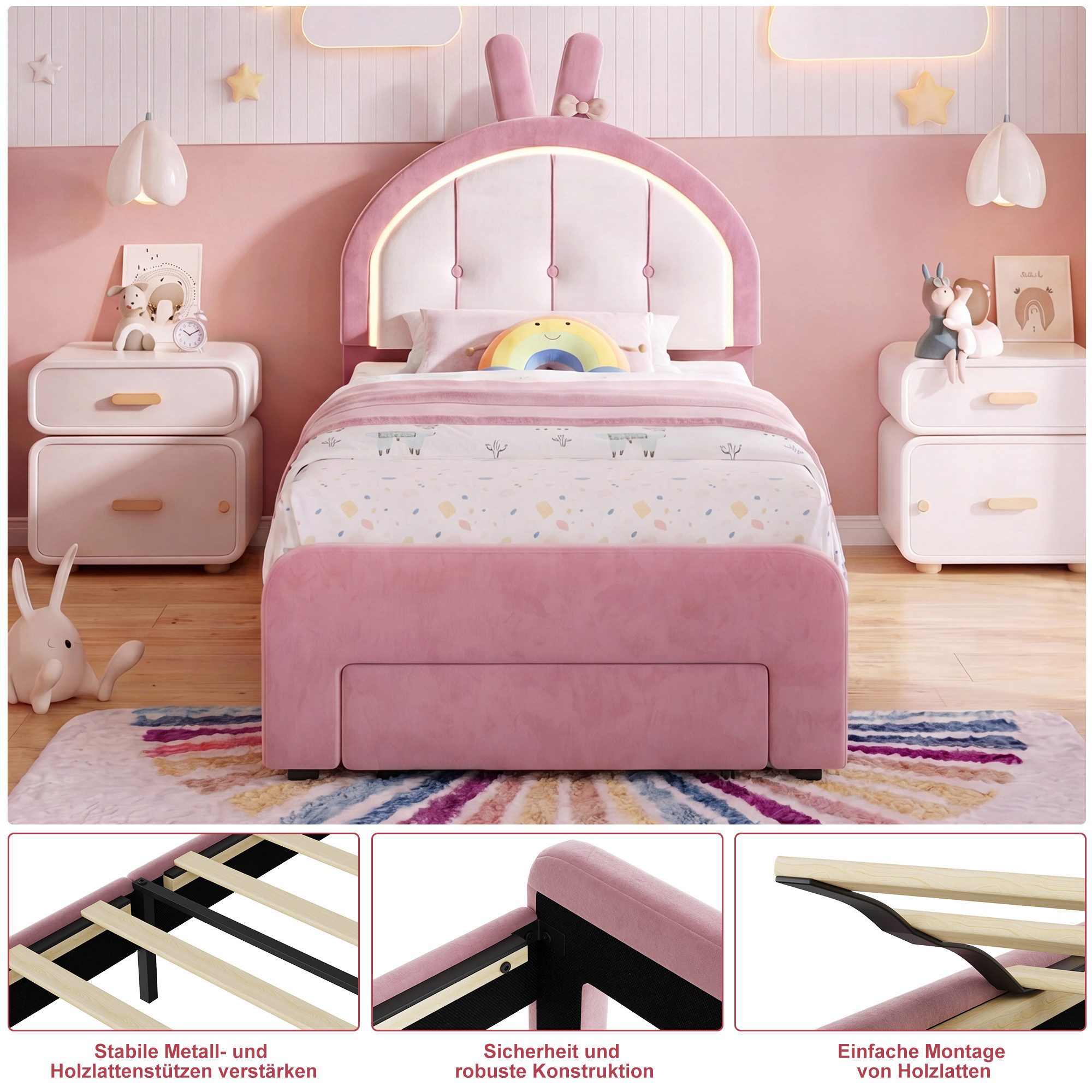 Simurq Prinzessinbett Polster Kinderbett 90x200 cm Samt Hasen‑Design mit LED‑Beleuchtung (höhenverstellbares Kopfteil, Bettenschublade mit Rollen), Einzelbett P – Bild 5 von 5