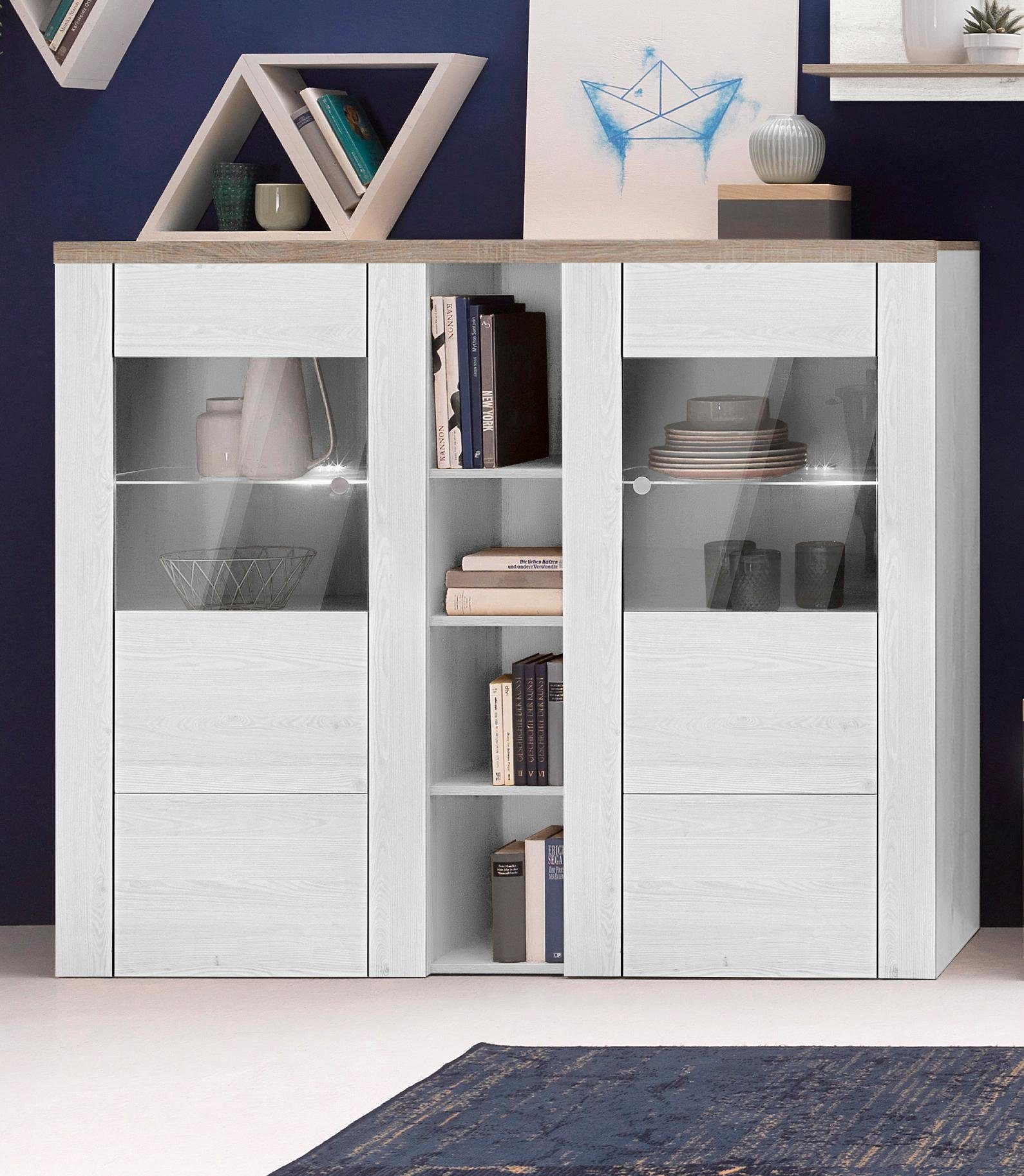OTTO home Highboard Larona, zeitlose Hochkommode mit 2 Türen, Türkommode, Höhe 129,5 cm, Anrichte mit dekorative Rahmenoptik, Türen mit Glaseinsatz