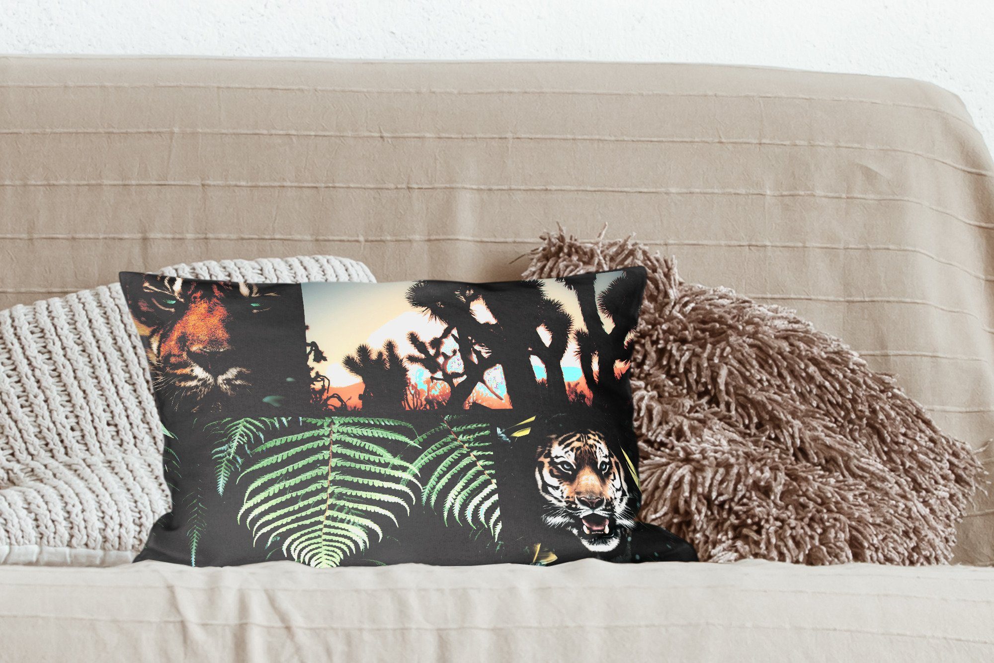 Dekokissen - Dekokissen Zierkissen, Tiger MuchoWow Collage - mit Dekoration, - Pflanzen Wohzimmer Schlafzimmer Sonnenuntergang, Füllung,