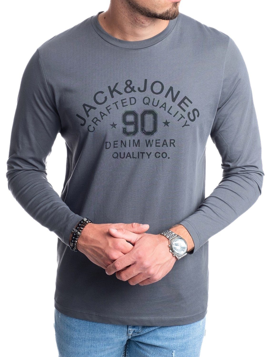 Jack & Jones Langarmshirt aus Baumwolle, mit Print vorne Darkslate-Black