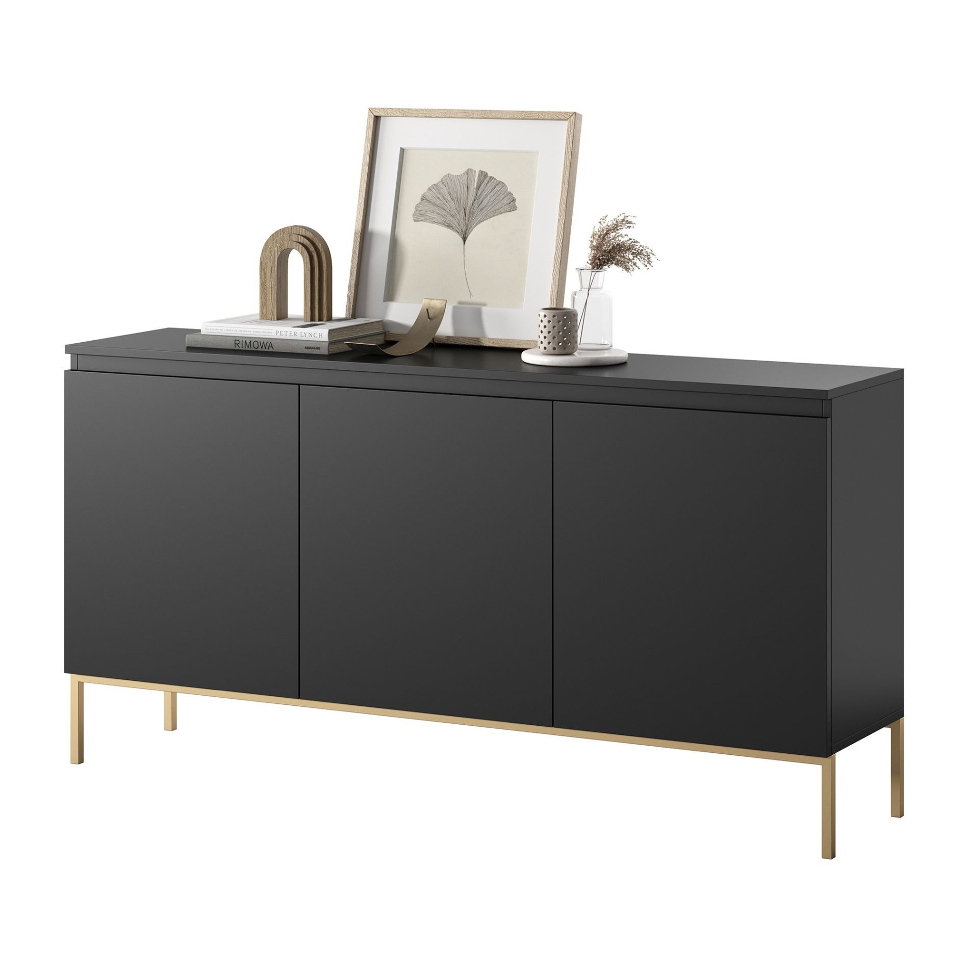 Selsey Sideboard BEMMI, 3-türig mit 6 Fächern, goldenem Metallgestell, grifflos