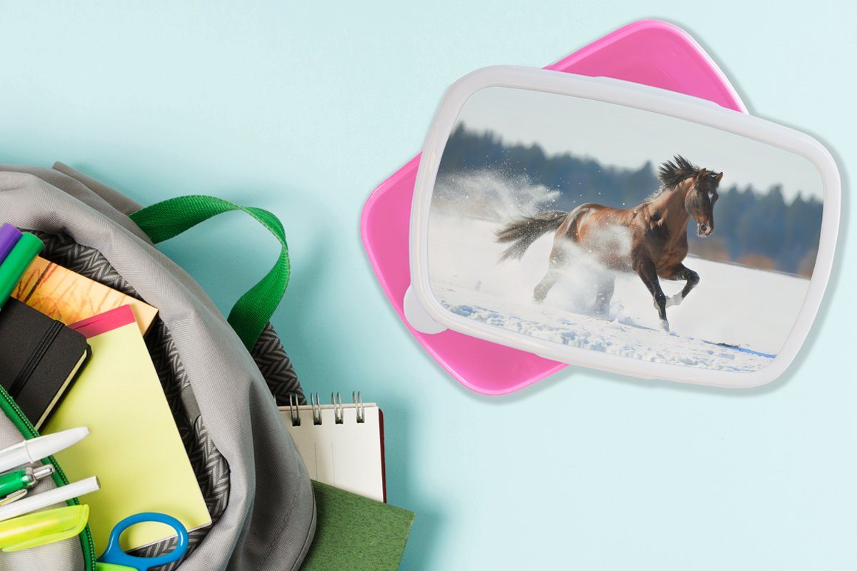 Brotdose Kunststoff, Schnee - (2-tlg), - Kinder, Brotbox rosa für MuchoWow Winter, Mädchen, Lunchbox Snackbox, Pferd Kunststoff Erwachsene,