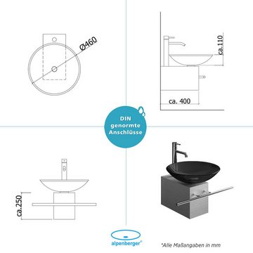 Alpenberger Waschschüssel Rund - Kleines Aufsatzwaschbecken - Glas Waschschale auf Kasten (5-tlg, Kleiner Waschtisch Set), Schwarzes Waschbecken & Handtuchhalter Integriert - Mini Wash Basin