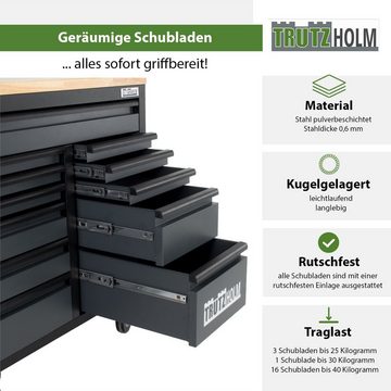 TRUTZHOLM Werkstattwagen Deluxe XXL Anthrazit unbestückt 160x92,5 cm 20 Schubladen Werkbank, 20 Schubladen, Anthrazit, 6 schwenkbare Rollen, 4 Rollen mit Feststellbremse, pulverbeschichteter Stahl, Hartholz Arbeitsplatte