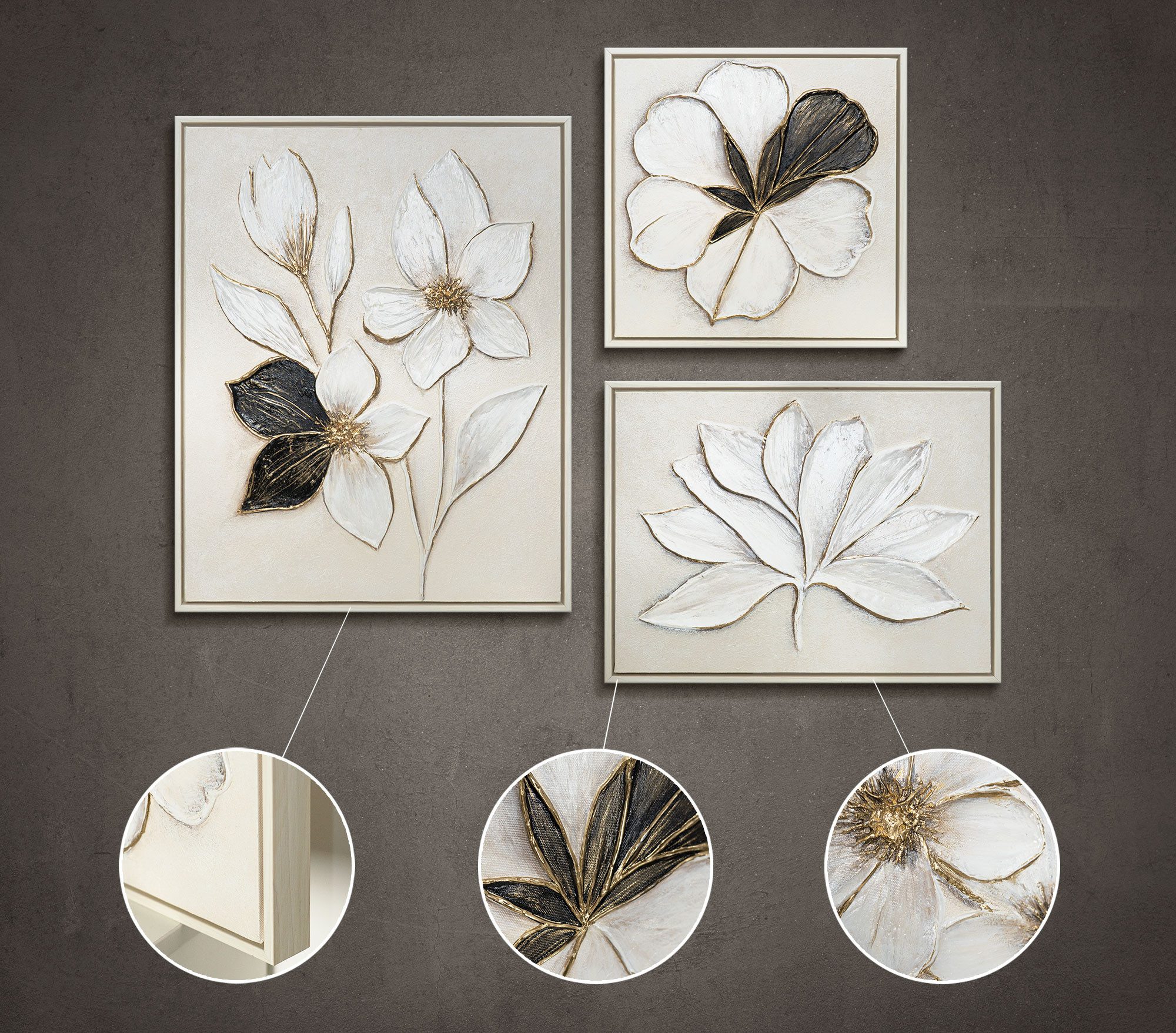 YS-Art Gemälde "Zarte Kontraste", Blumen (Set, 3 St), Wandbilder Set Modern Schwarz Weiß – Bilder Set mit Rahmen