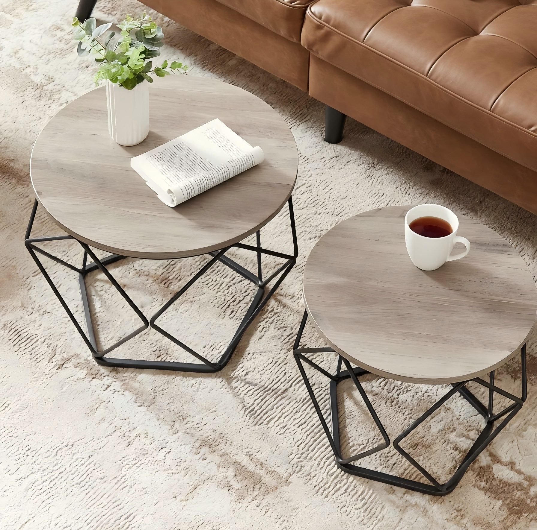 VASAGLE Couchtisch (2er Set), Beistelltisch, abnehmbare Tischplatte, Ø50x40cm+Ø40x36cm