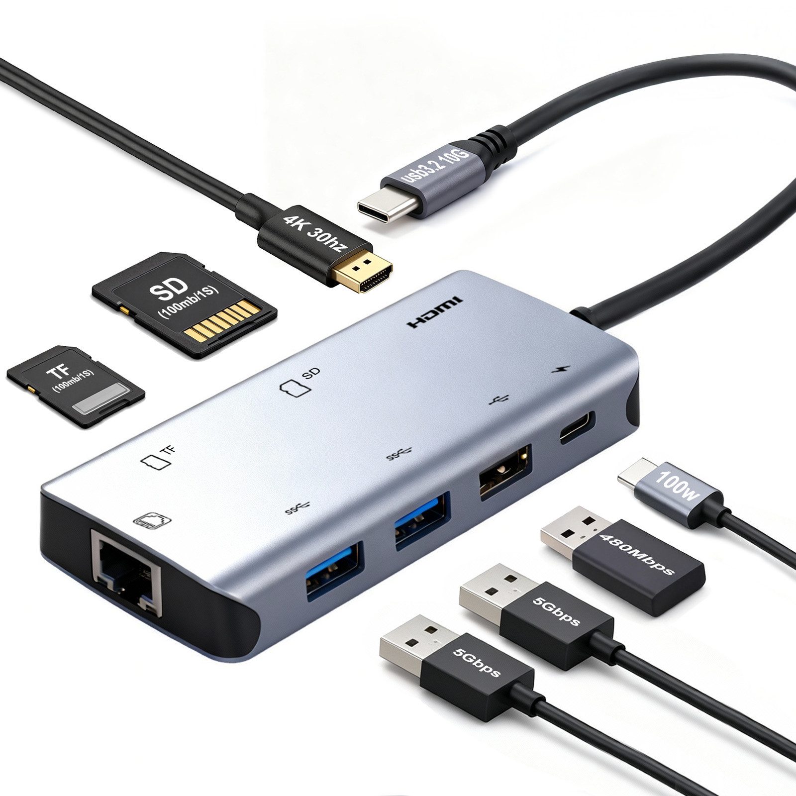 Novzep Laptop-Dockingstation 8-in-1 USB-C Hub Dockingstation mit 4K HDMI,100W PD, 2x USB 3.0 für Windows Mac OS Linux
