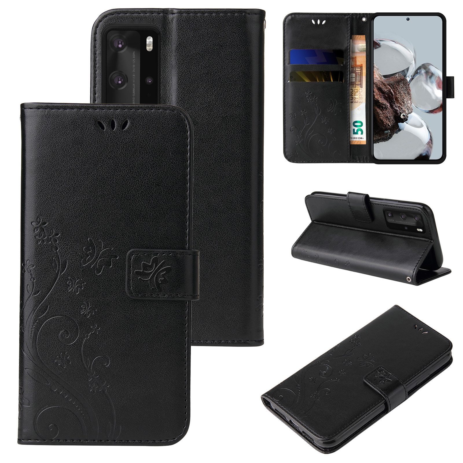 Tec-Expert Handyhülle Cover Tasche Hülle für Huawei P40 Pro 6,58 Zoll, Klapphülle Case mit Kartenfach Fliphülle aufstellbar, Motiv Blumen
