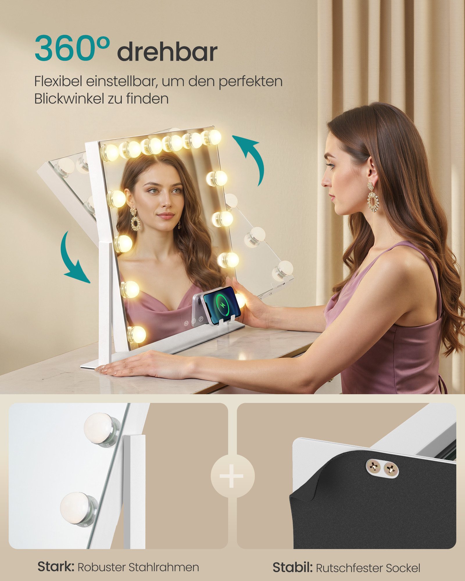 SONGMICS Schminkspiegel mit Beleuchtung, Kosmetikspiegel Touch-Steuerung, dimmbar, Handyhalter, mit 14 LED-Glühbirnen, mit USB-A und USB-C, 50 x 42 cm – Bild 4 von 5