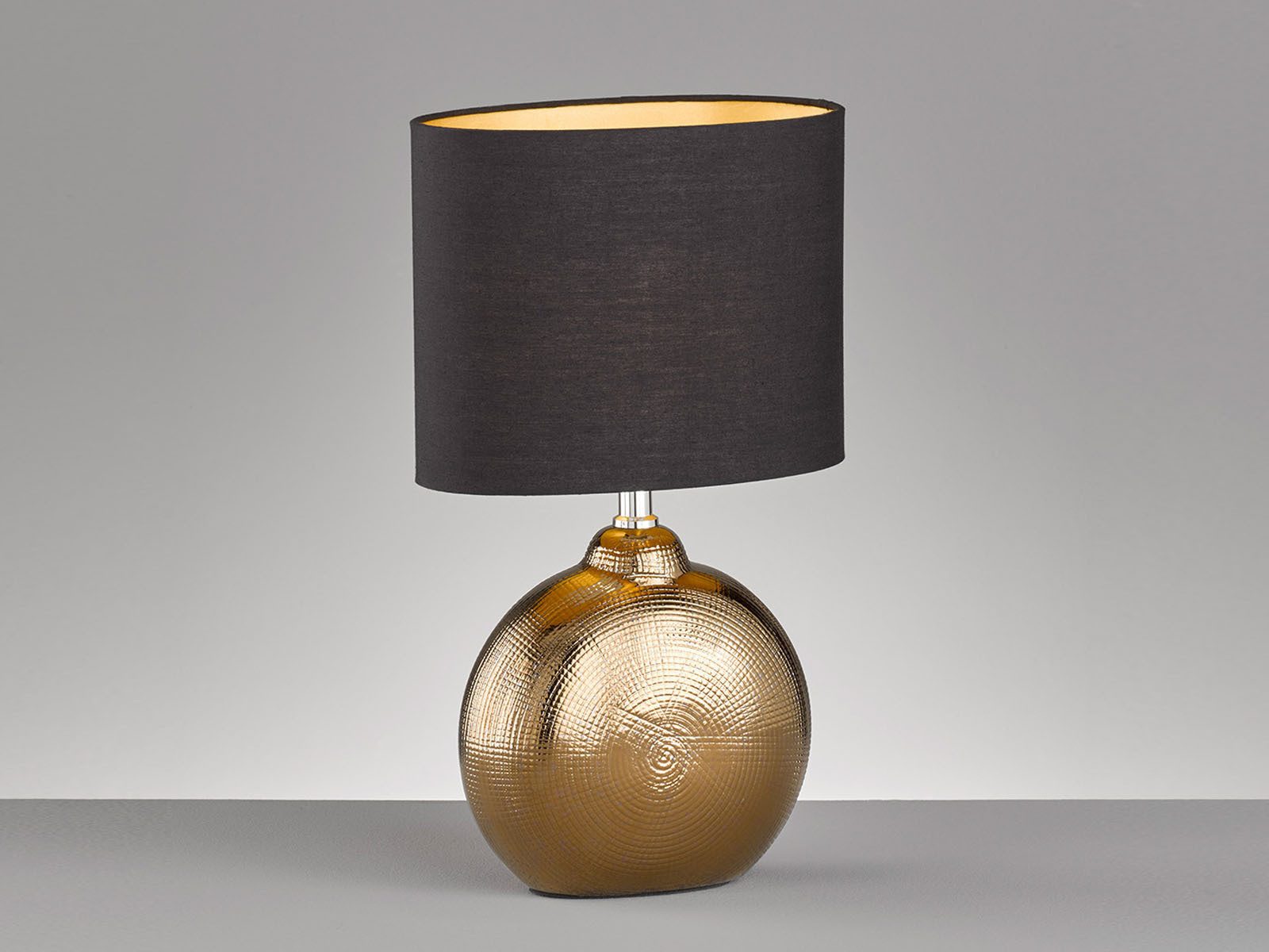 FISCHER & HONSEL LED Nachttischlampe, LED wechselbar, Warmweiß, Lampen-Fuß Keramik Bronze, Lampenschirm oval Schwarz Gold, 39cm klein