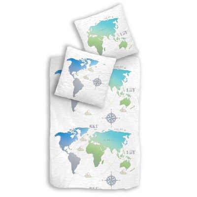 Bettwäsche »Weltkarte Bettwäsche 135x200 + 80x80 cm, 100 % Baumwolle in Renforcé, Landkarte, Weltenbummler Kinder- und Teenagerbettwäsche in blau und türkis«, MTOnlinehandel