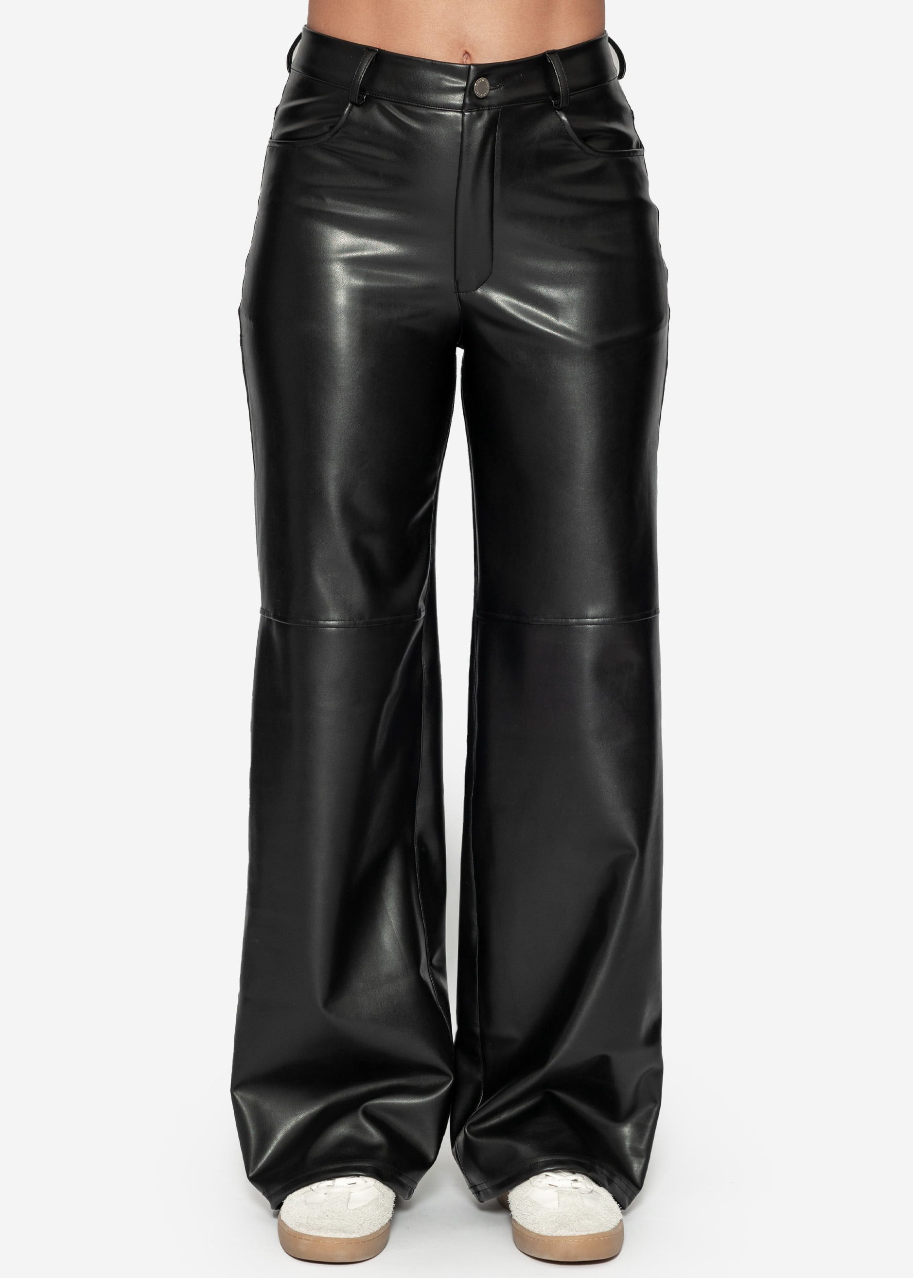 SASSYCLASSY Lederimitathose Straight-Fit Thermo Hose Damen aus Kunstleder Therno Kunstlederhose mit Knopf und Reißverschluss Schwarz