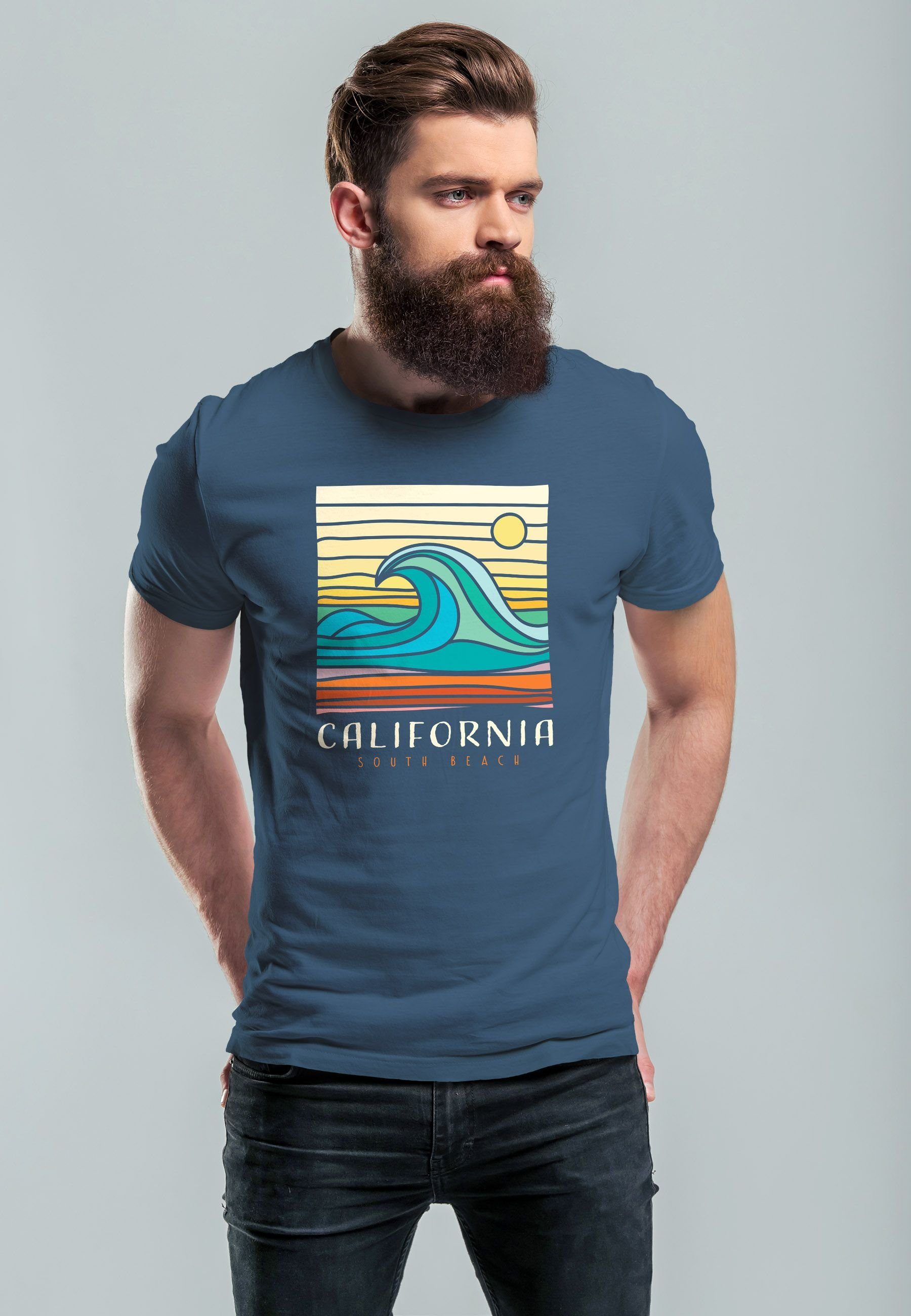 Neverless Print-Shirt Herren T-Shirt California Wave denim Print Aufdruc blue Surfing South Beach Welle mit Print