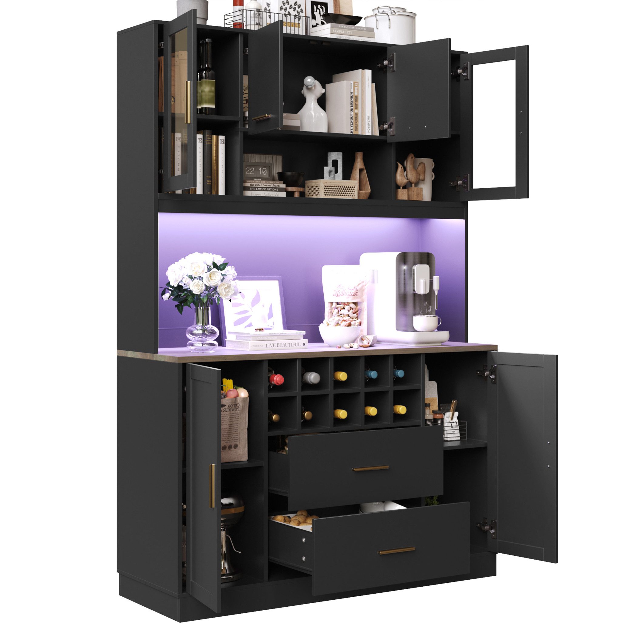 SeedWave Buffet Küchenbuffet mit LED-Beleuchtung, Weinregal, Steckdose & USB-Anschluss Größe: 120×36,3×180cm, inkl. 2 Glastüren, viel Stauruam