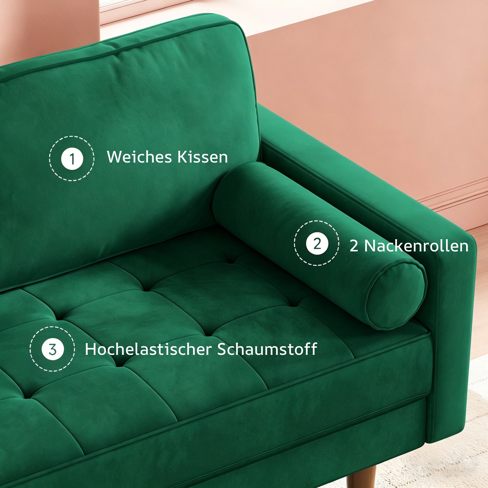 Dripex Sofa 121 cm kleines 2-Sitzer-Sofa aus Samt – bequeme Couch – Bild 3 von 5