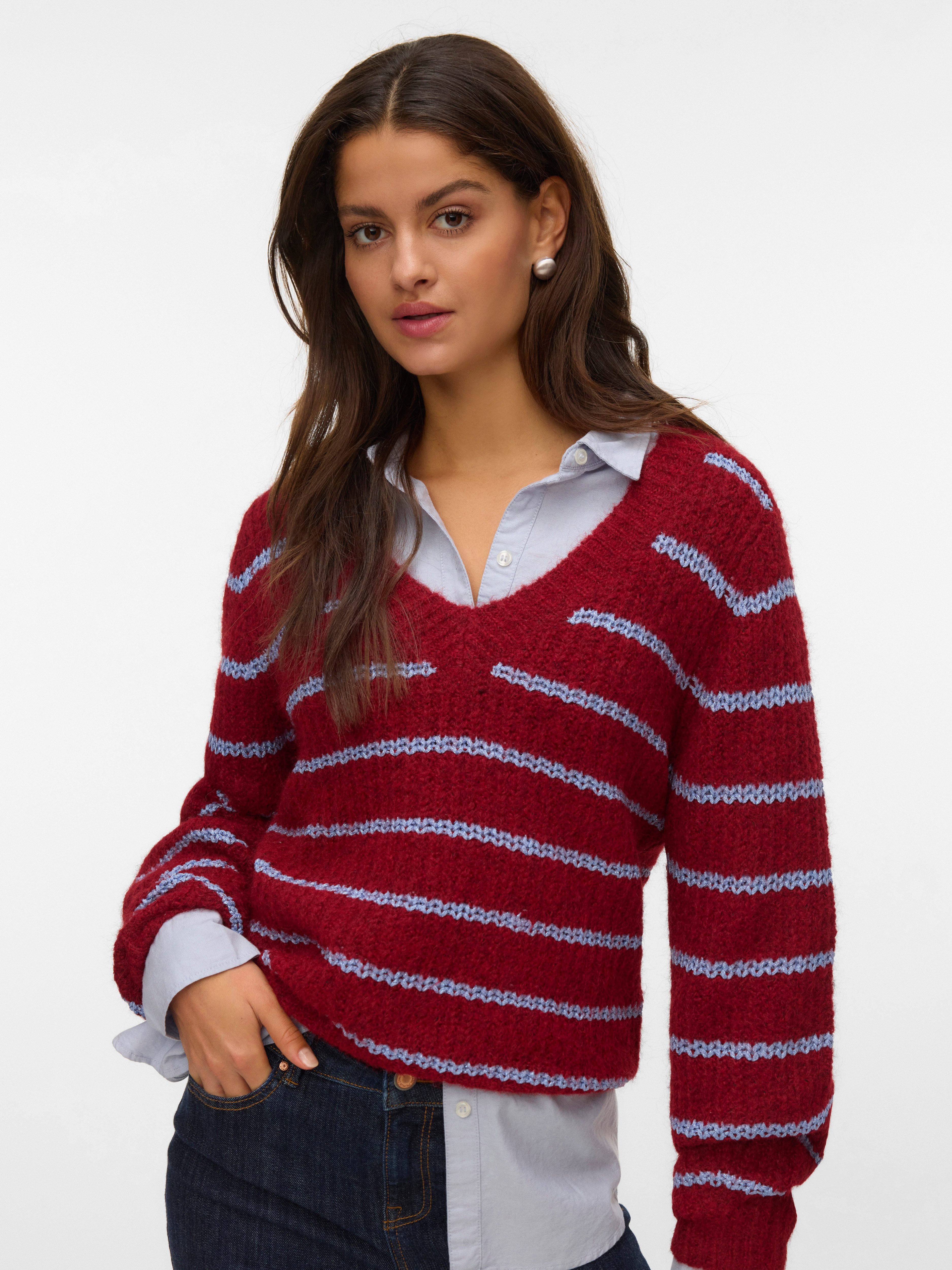 Vero Moda V-Ausschnitt-Pullover VMAWESOME SHINE LS V-NCK STRIPE PULL BOO mit Glitzer-Effekt