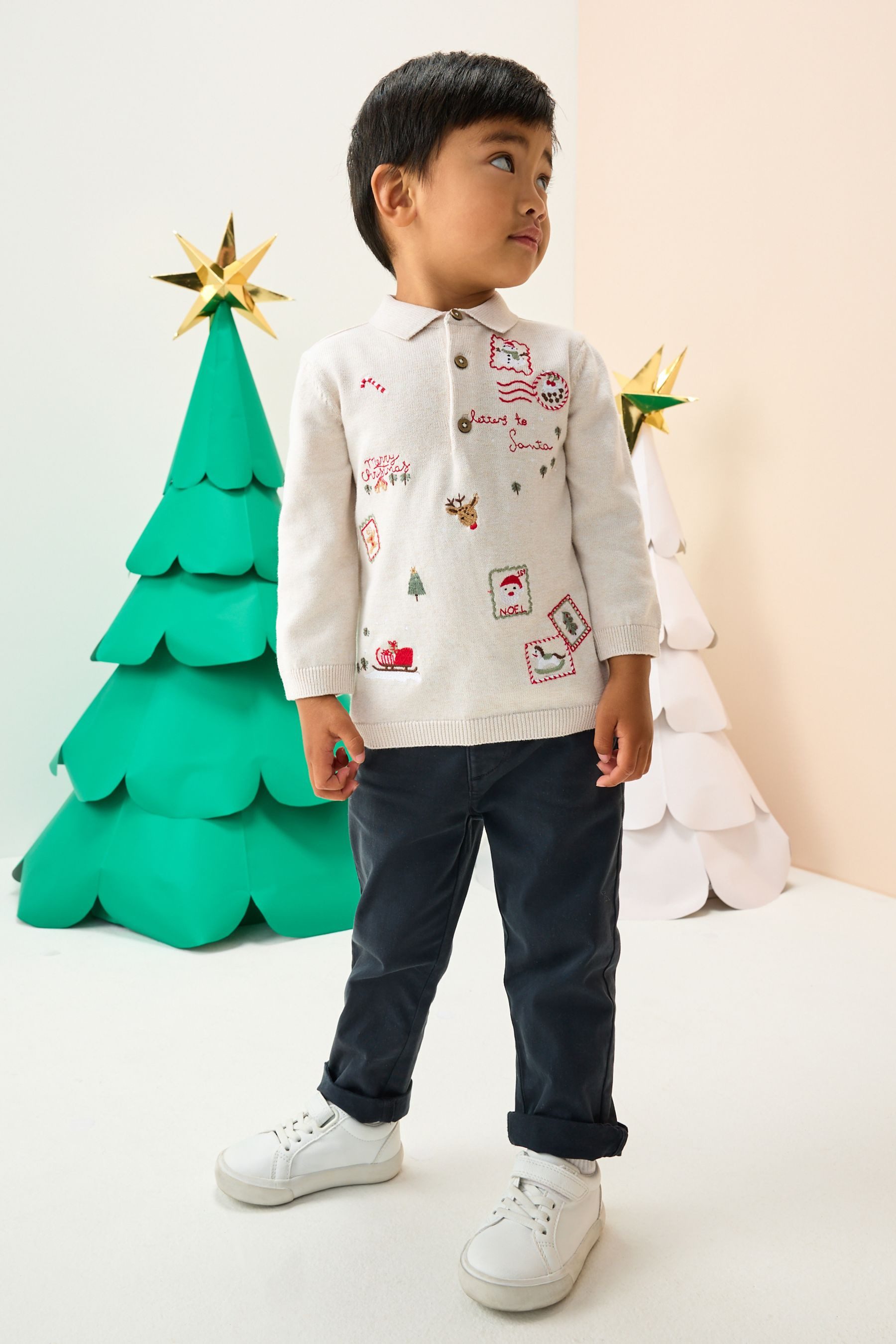 Next Polokragenpullover Strick-Poloshirt mit Weihnachtsstickerei (1-tlg)