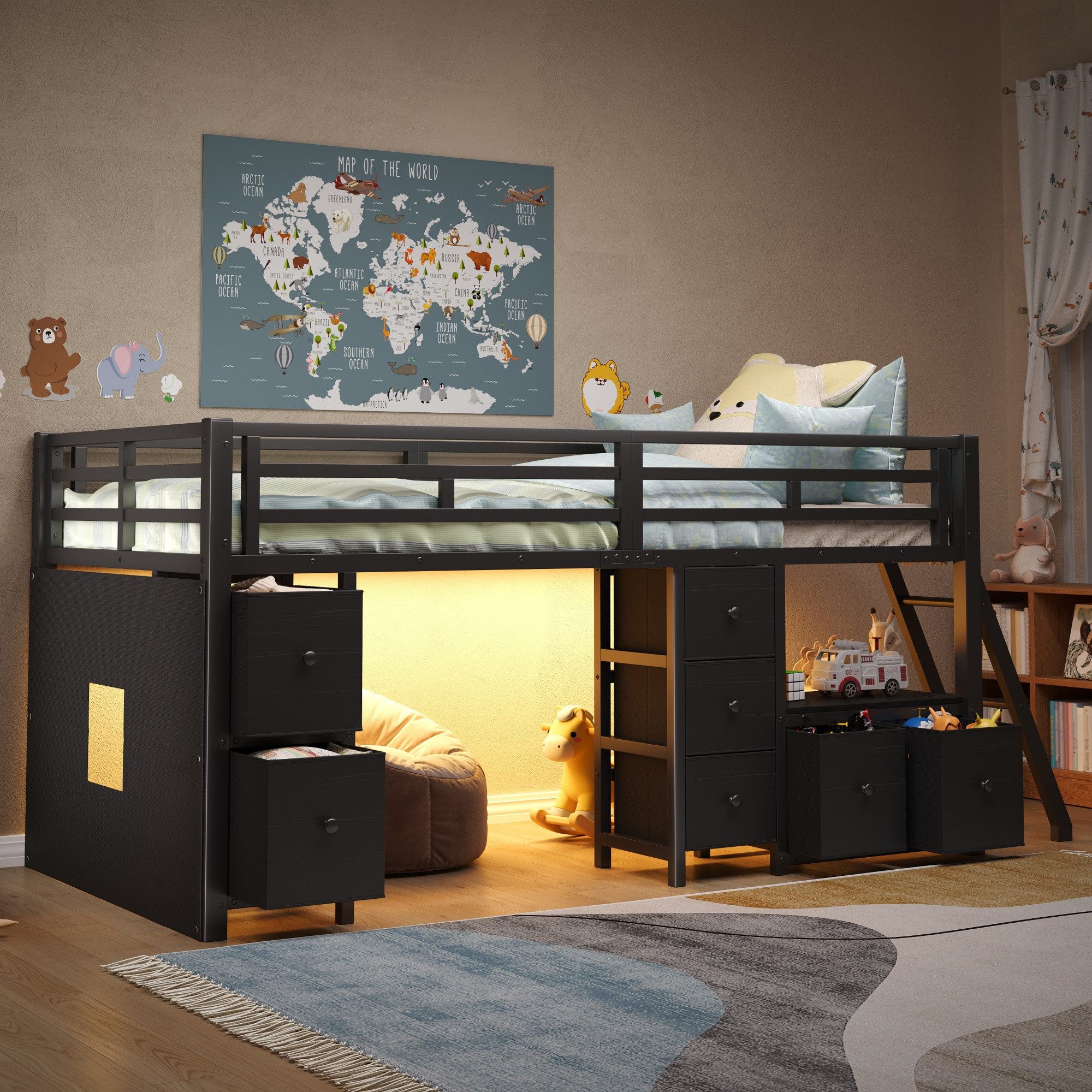 Flieks Hochbett Metallbett Kinderbett 90x200cm mit 7 Schubladen und LED-Beleuchtung