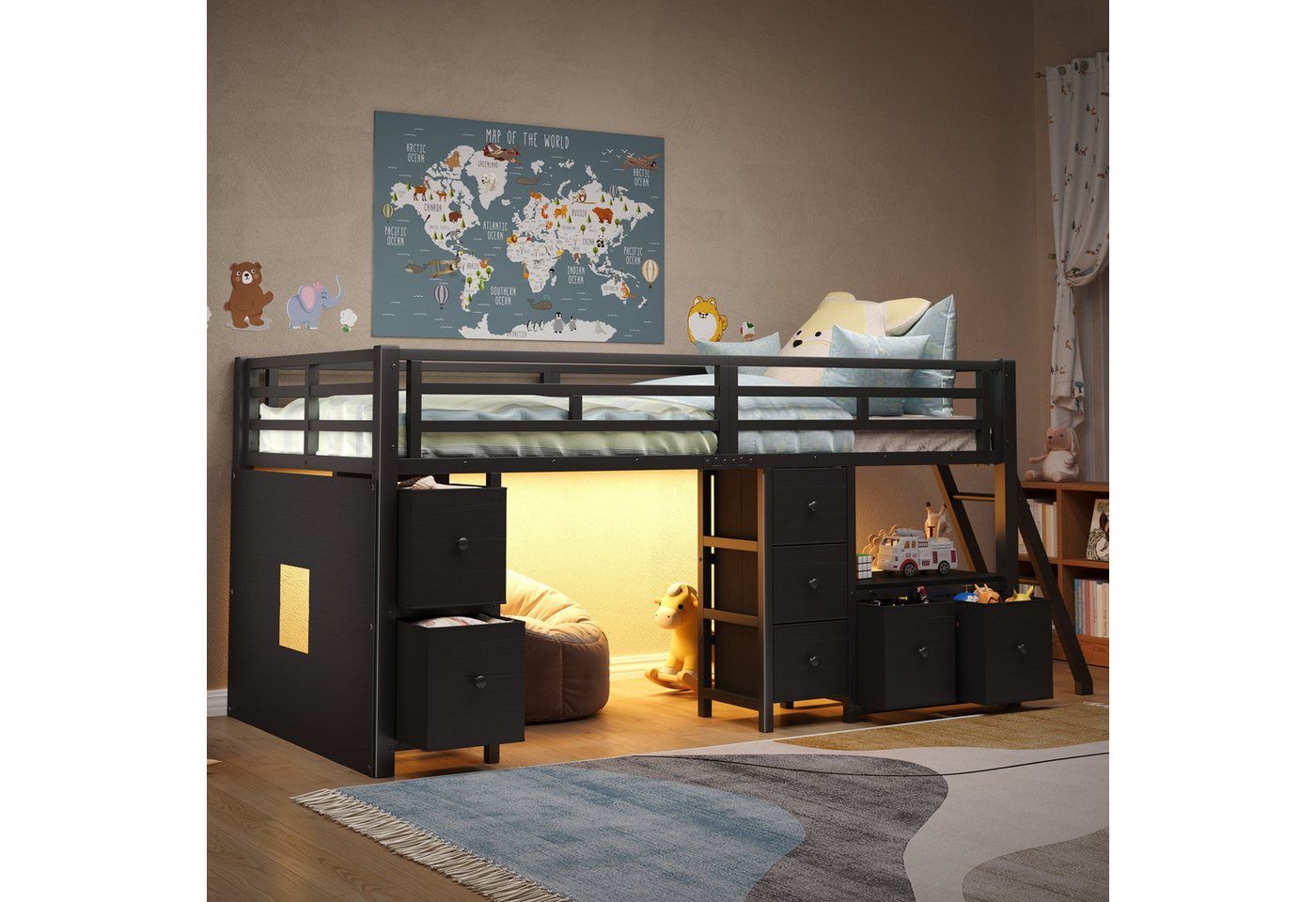 Flieks Hochbett Metallbett Kinderbett 90x200cm mit 7 Schubladen und LED-Beleuchtung
