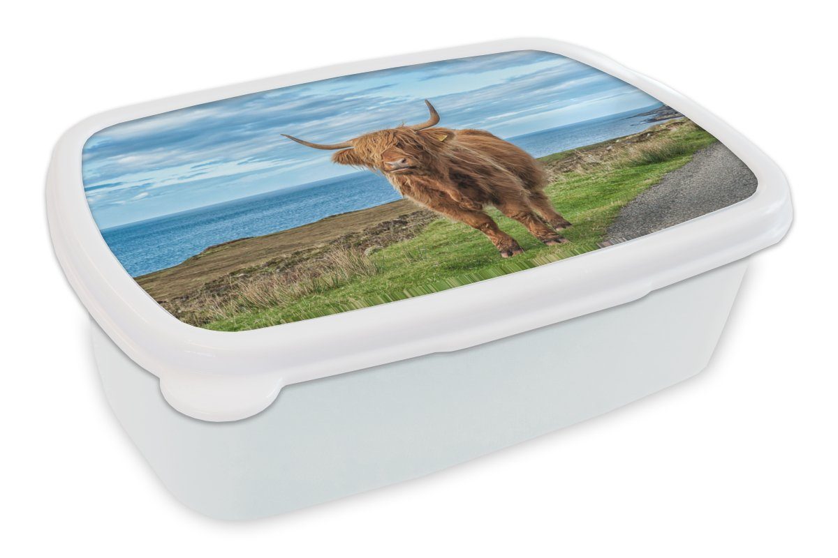 MuchoWow Lunchbox Schottische Highlander - Wolken - Landschaft, Kunststoff, (2-tlg), Brotbox für Kinder und Erwachsene, Brotdose, für Jungs und Mädchen weiß