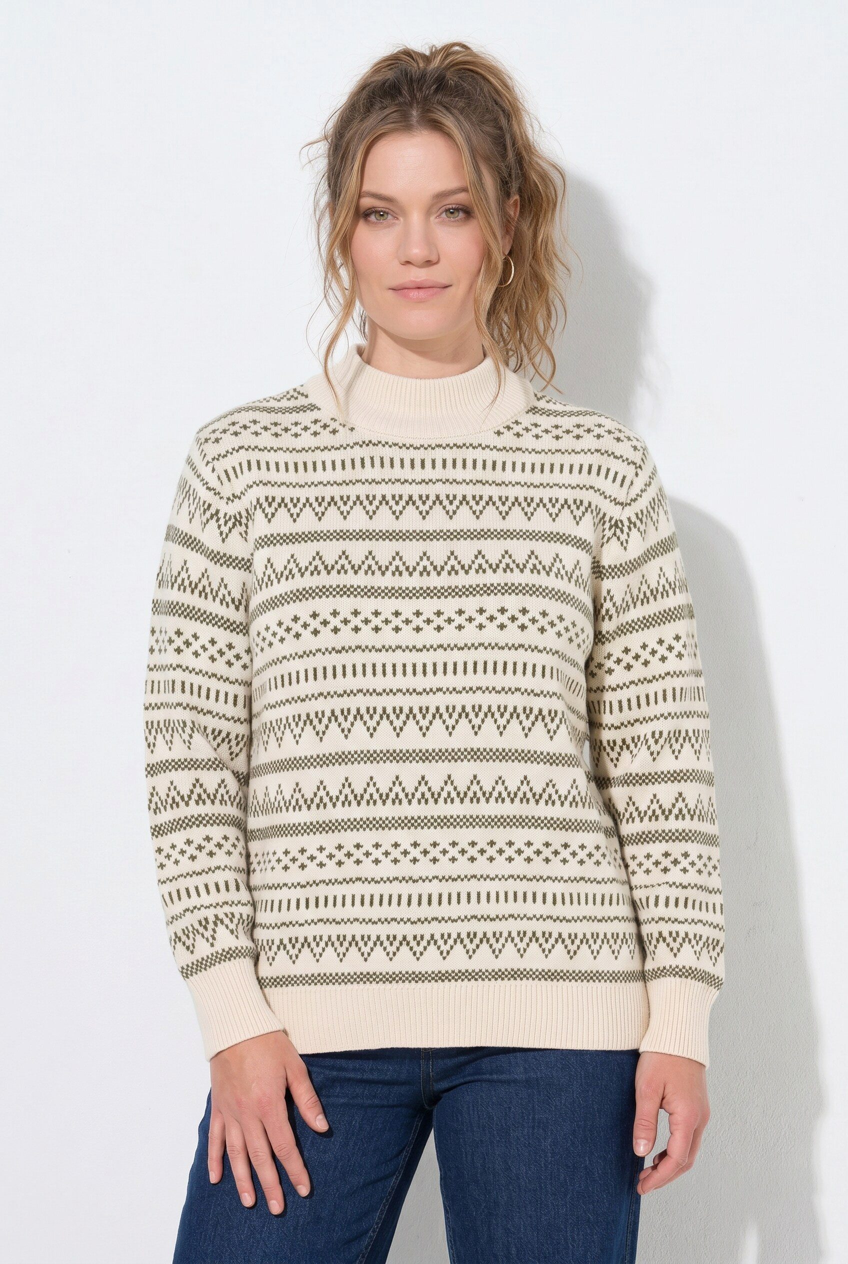 Ulla Popken Strickpullover Pullover Jacquard Stehkragen Langarm Biobaumwolle