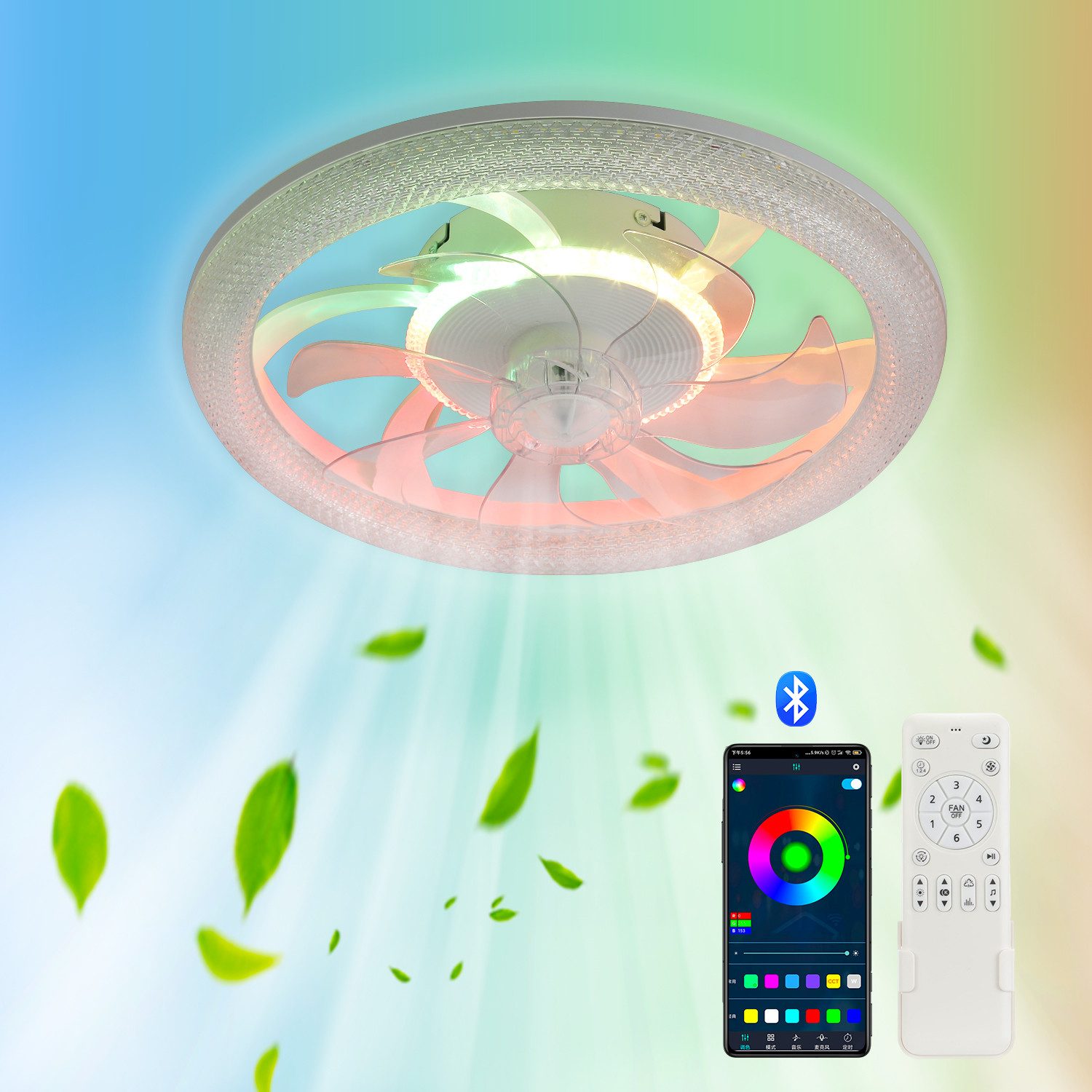 WILGOON Deckenleuchte Deckenventilator mit Beleuchtung, Music RGB Dimmbar mit Fernbedienung, Luftzirkulationsfunktion + Music, LED fest integriert, Warmweiß, Neutralweiß, Kaltweiß, RGB Farbwechsel, Schlafzimmer Leise Ventilator mit Bluetooth für Wohnzimmer Küche Hotel