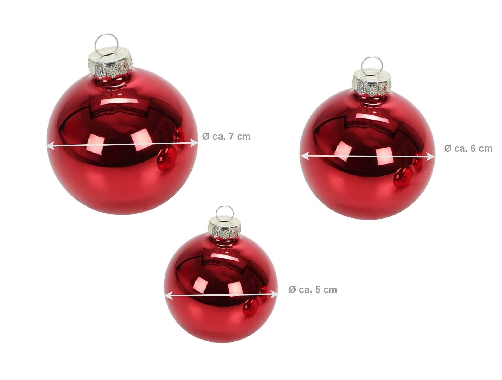 Bubble-Store Weihnachtsbaumkugel 3 Dekors, Hochglanz, Matt und Glitzer, 26 Echt-Glas Weihnachtskugeln 3 Größen Ø 5, 6, 7 cm