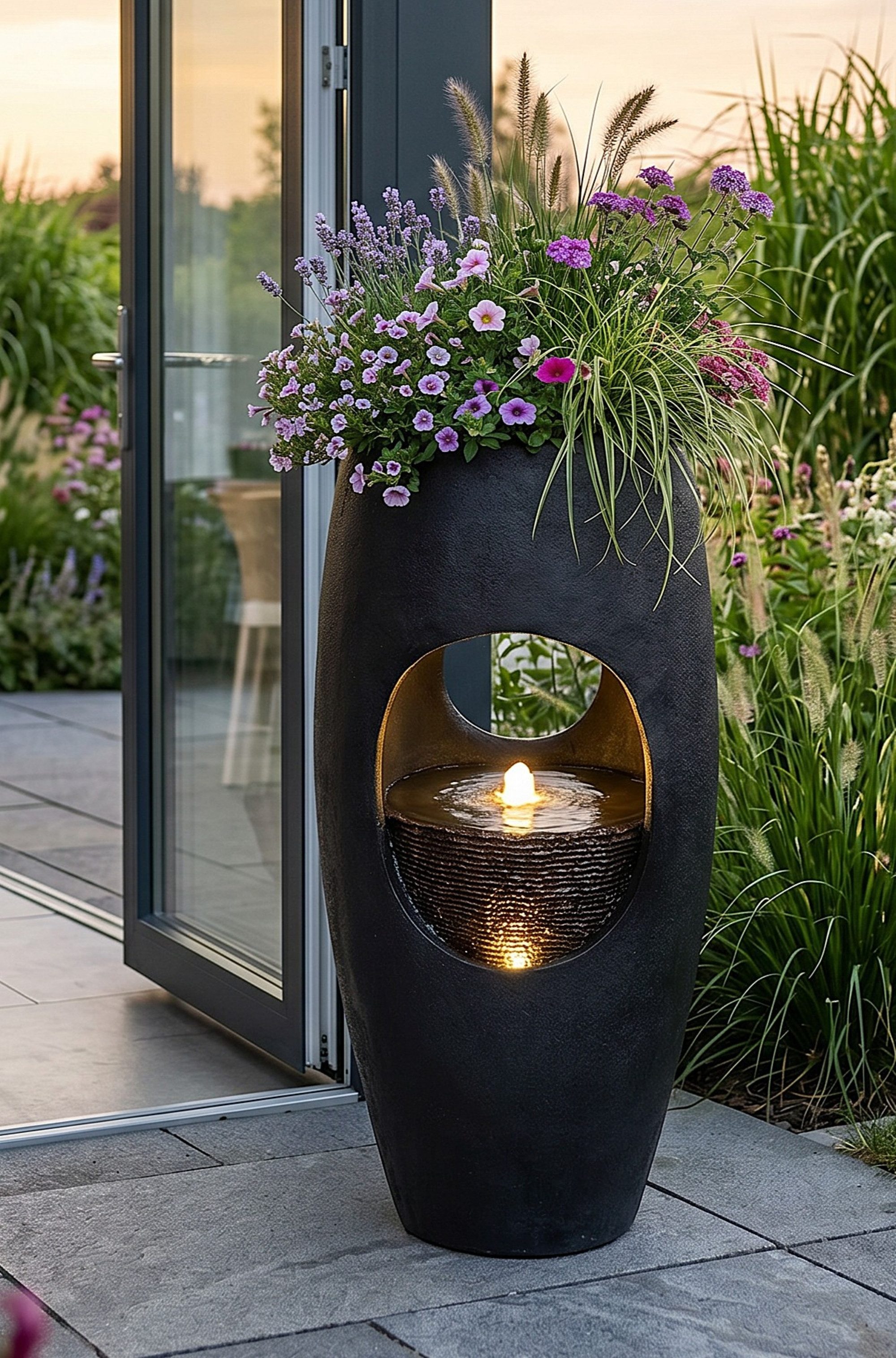 Arnusa Gartenbrunnen Großer LED Springbrunnen bepflanzbar 91 cm modern Pflanzkübel, 2 in1 Brunnen und Blumentopf