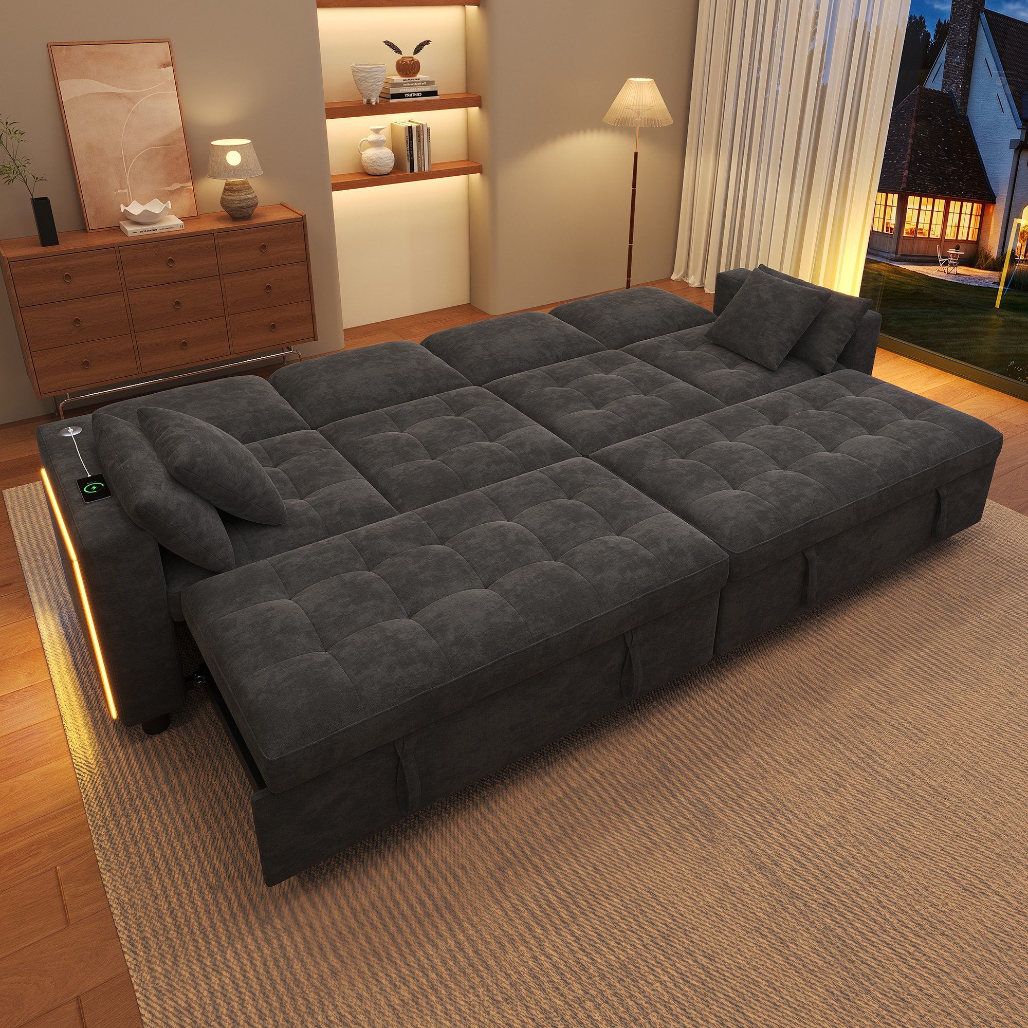 i@home Schlafsofa 4-Sitzer Schlafsofa,Big Sofa mit Schlaffunktion, Chenille,260 cm breit, LED-Beleuchtung, 3-fach verstellbare Rückenlehne, Modulares Sofa, grau