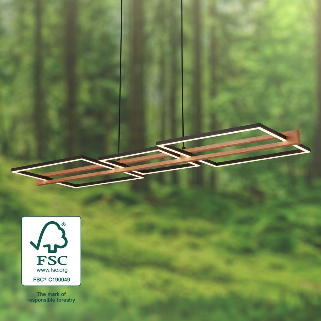 Briloner Leuchten LED Pendelleuchte Pendellampe Memoryfunktion dimmbar Esszimmer 4842014, LED fest integriert, 3000K - Warmweiß, LED Hängelampe 108 x 35 x 150 cm Schwarz-Holz 38W Esszimmer Wohnzimmer