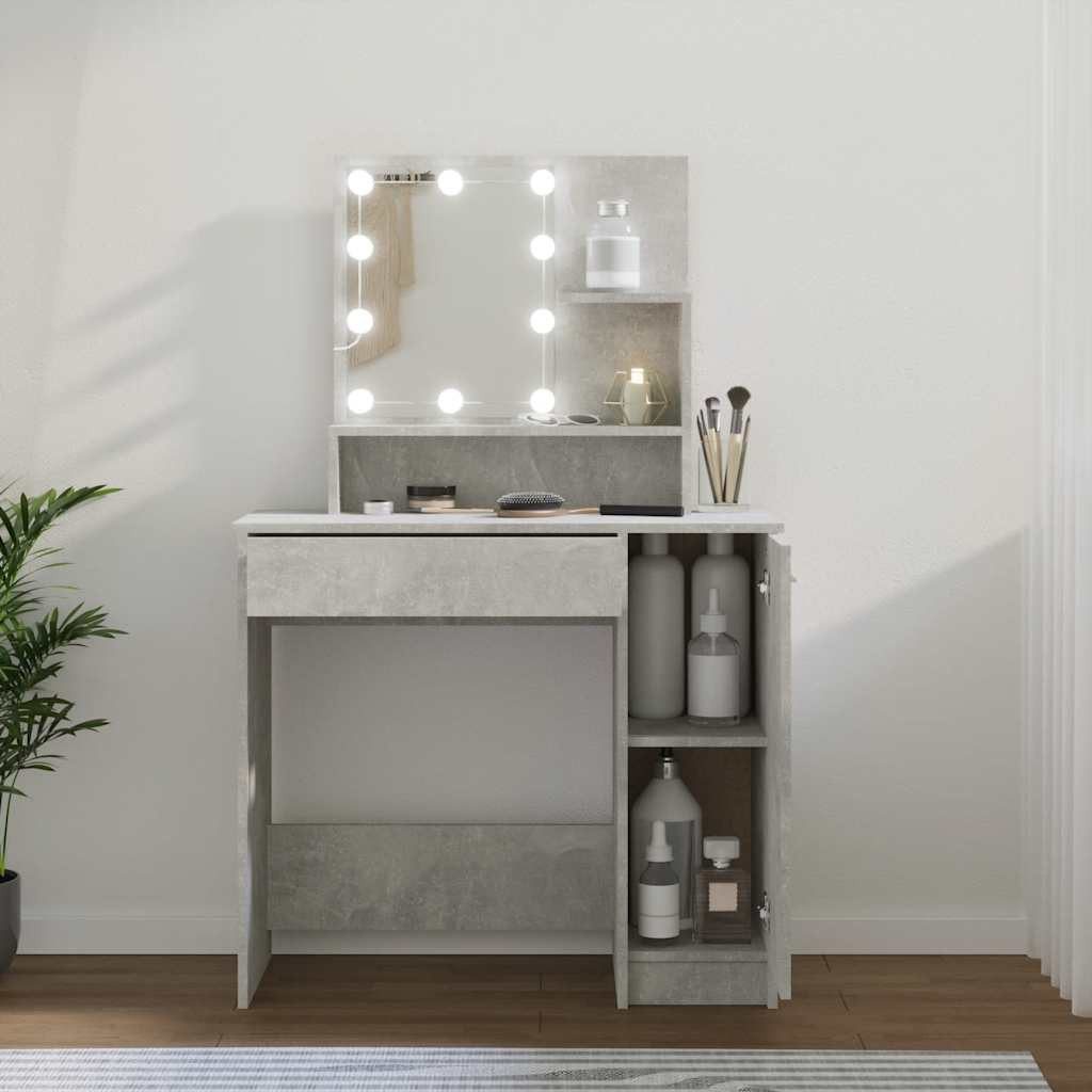 furnicato Schminktisch Betongrau 86,5 x 35 x 136 cm aus Holzwerkstoff und Acryl (1-St), LED-Kosmetikspiegel mit Stauraum, Schublade und Beistellschrank