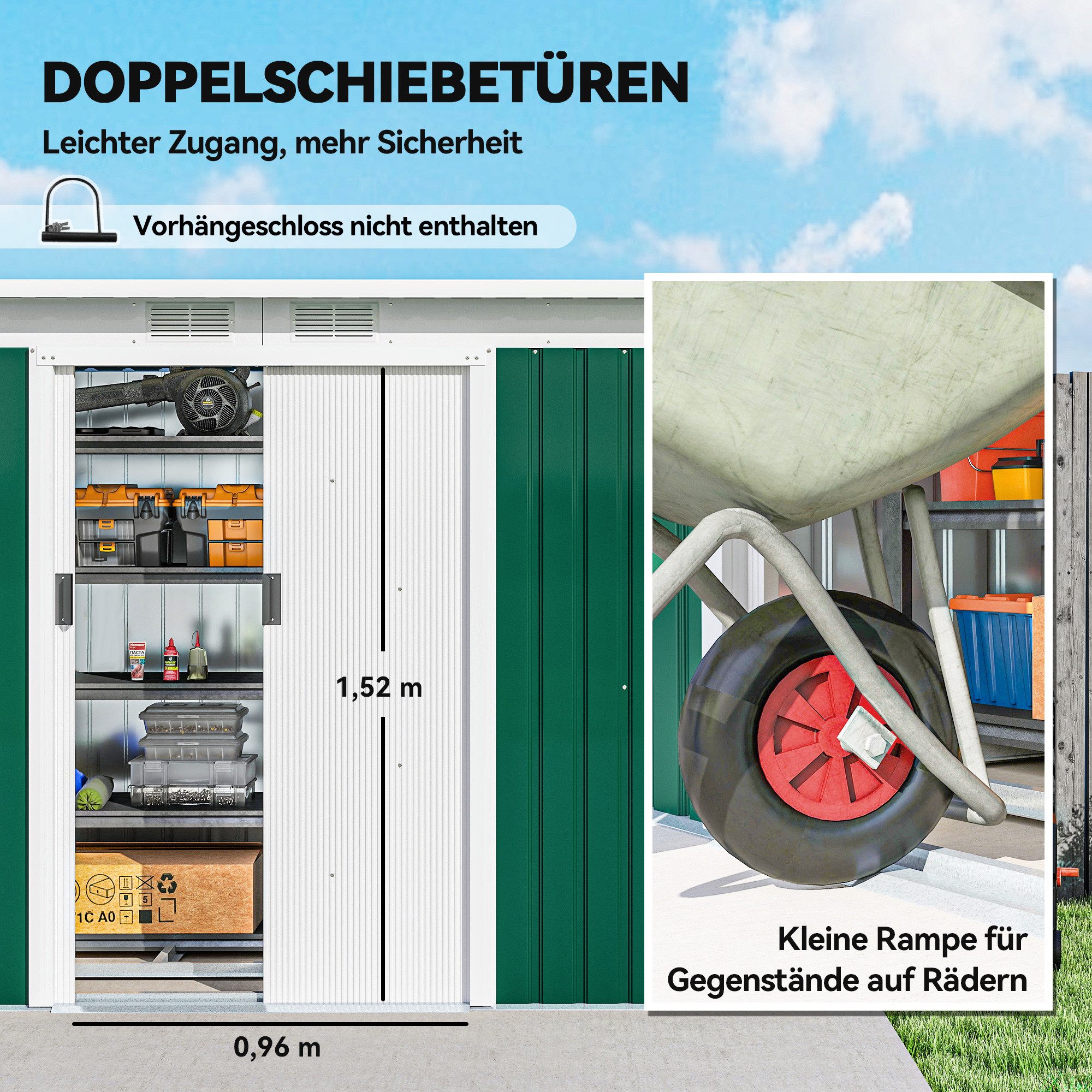 Outsunny Gerätehaus Gartenhaus mit Schiebetür, Fenster, Stahl, BxT: 280x130 cm, (Schuppen, 1 St., Geräteschuppen), für Garten, Dunkelgrün