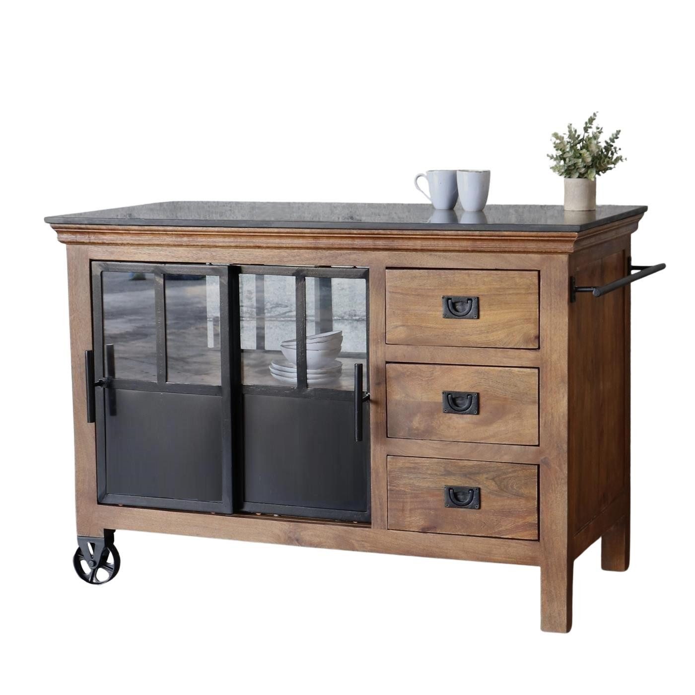 baario Küchentisch Kücheninsel IVETTE Industrial, Servierwagen massiv Mangoholz & Eisen Küchenblock