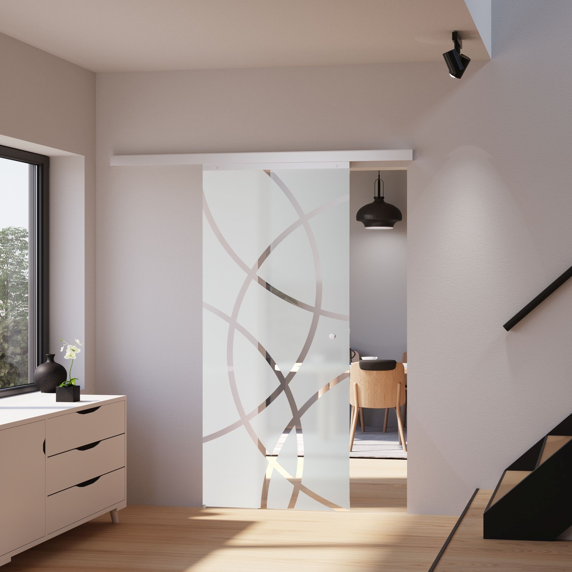 inova wohnen Glasschiebetür Kreisförmig satiniert, Größenauswahl, 8 mm ESG-Sicherheitsglas (Komplett Set, inkl. Schienensystem und Griff), Softclose optional