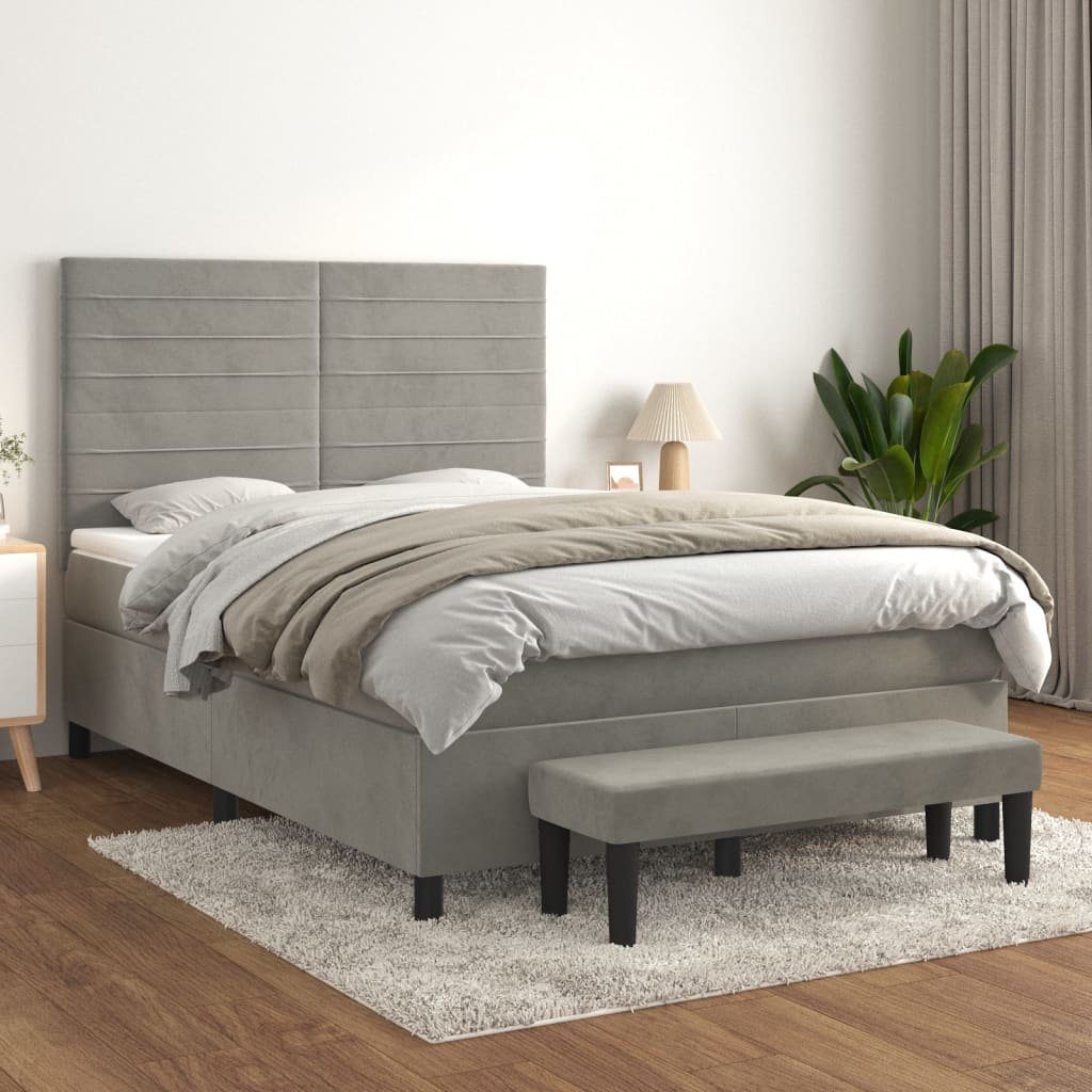 Bett Boxspringbett Hellgrau Samt 203x144x118/128 cm mit Matratze und Bank