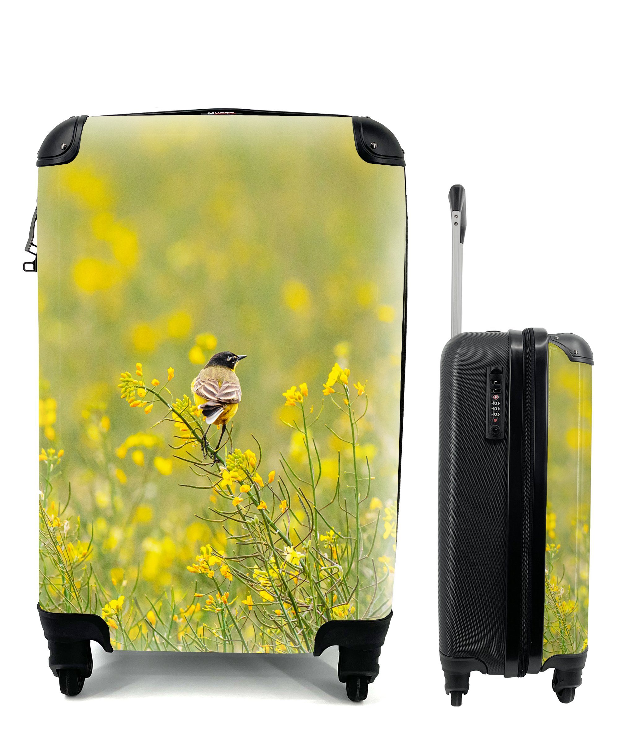 MuchoWow Handgepäckkoffer Vogel - Blumen - Gelb, 4 Rollen, Reisetasche mit rollen, Handgepäck für Ferien, Trolley, Reisekoffer