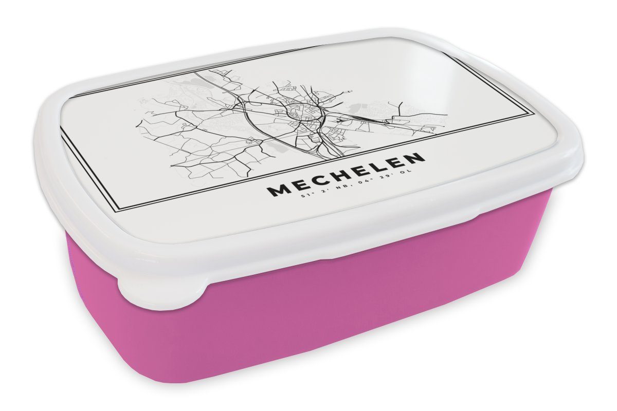MuchoWow Lunchbox Belgien - Mechelen - Stadtplan - Karte - Schwarz und weiß - Karte, Kunststoff, (2-tlg), Brotbox für Erwachsene, Brotdose Kinder, Snackbox, Mädchen, Kunststoff rosa