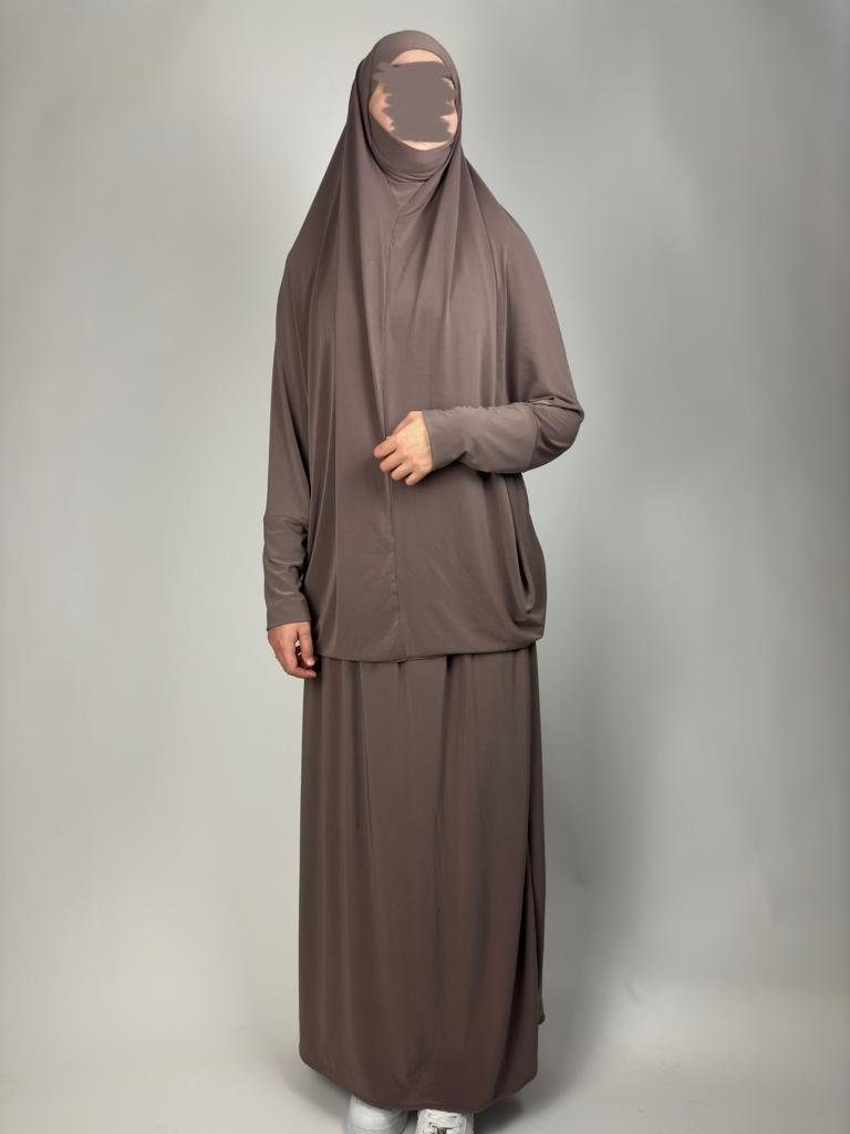 Aymasal teiliges Taupe Gebetskleid & Maxikleid Gebetskleidung 2 Muslim Kopftuch Rock Burka
