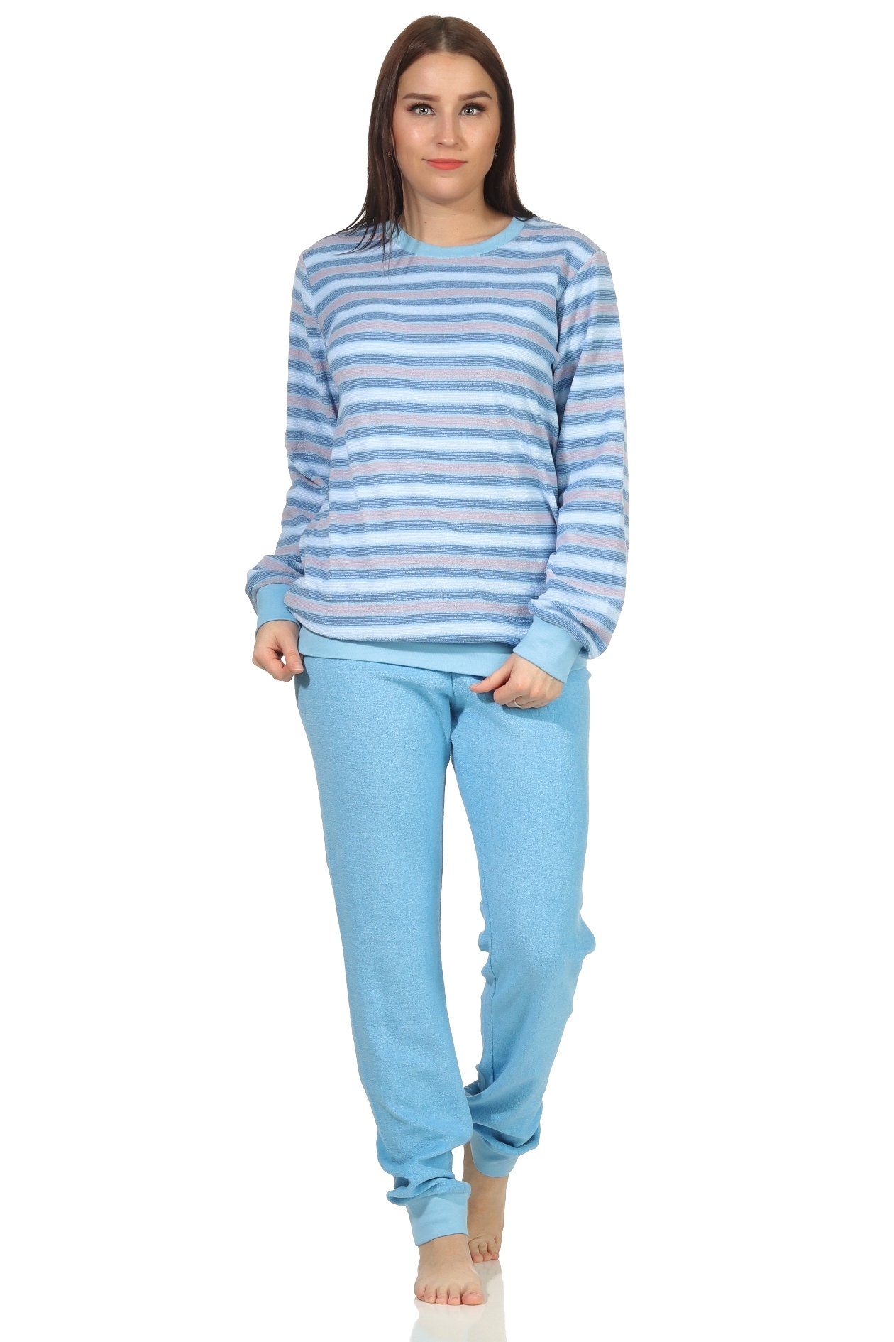Creative by Normann Pyjama Damen Frottee Schlafanzug mit Bündchen in Ringeloptik hellblau