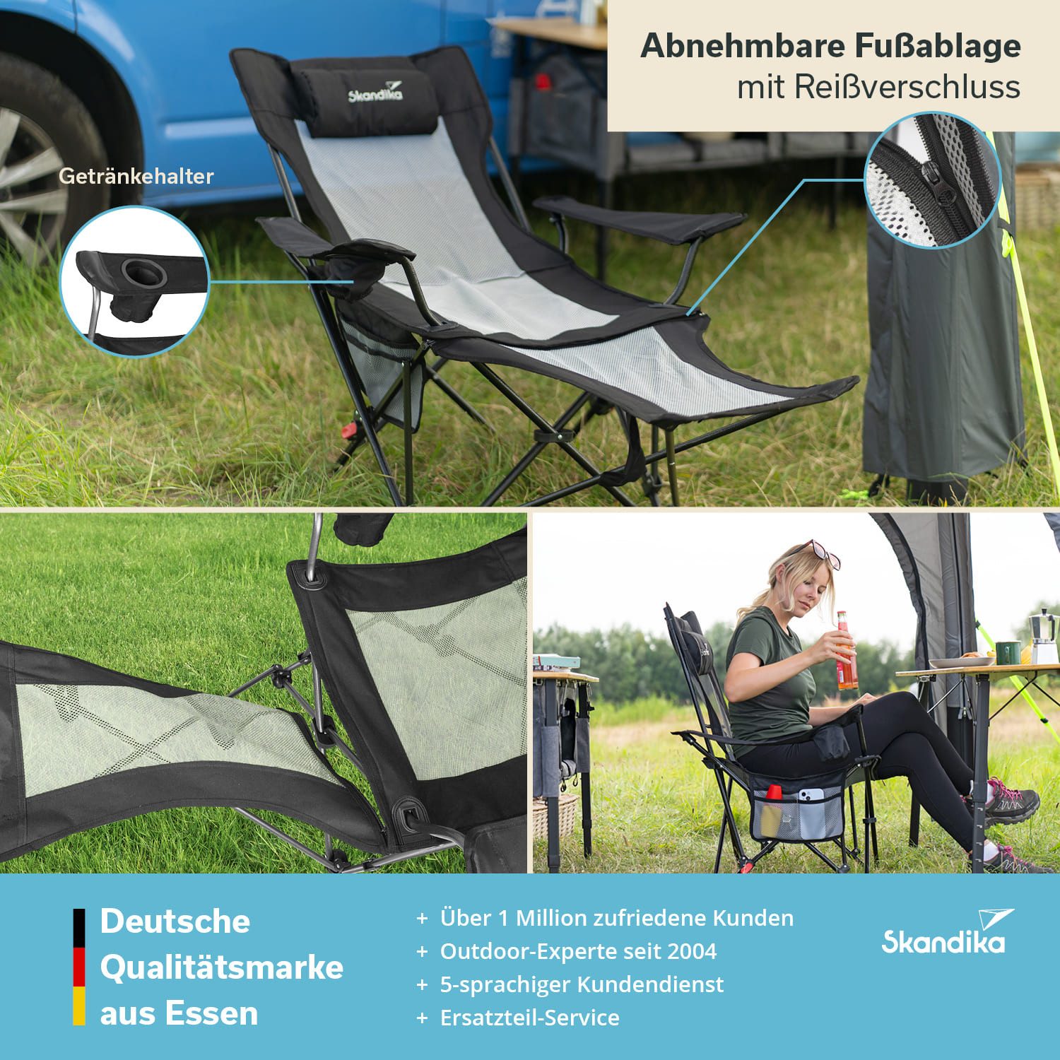 Skandika Campingstuhl Toras mit Fußablage, Faltbarer Liegestuhl, Klappsessel, Gartenstuhl (Max. Benutzergewicht 120 kg, Gewicht 4,3 kg), Liegefunktion, verstellbare Rückenlehne, Getränkehalter, Kopfkissen