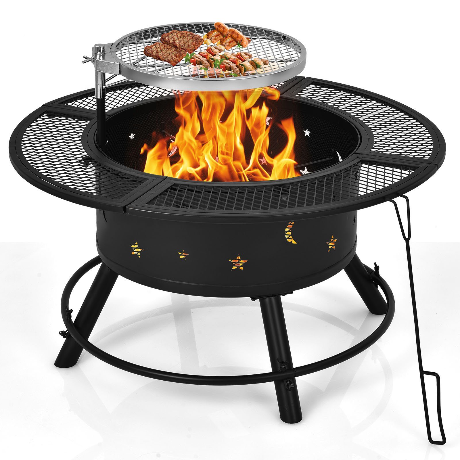 höheverstellbar, Ø49cm, mit Schürhaken COSTWAY 360°Grillrost, mit Feuerschale,