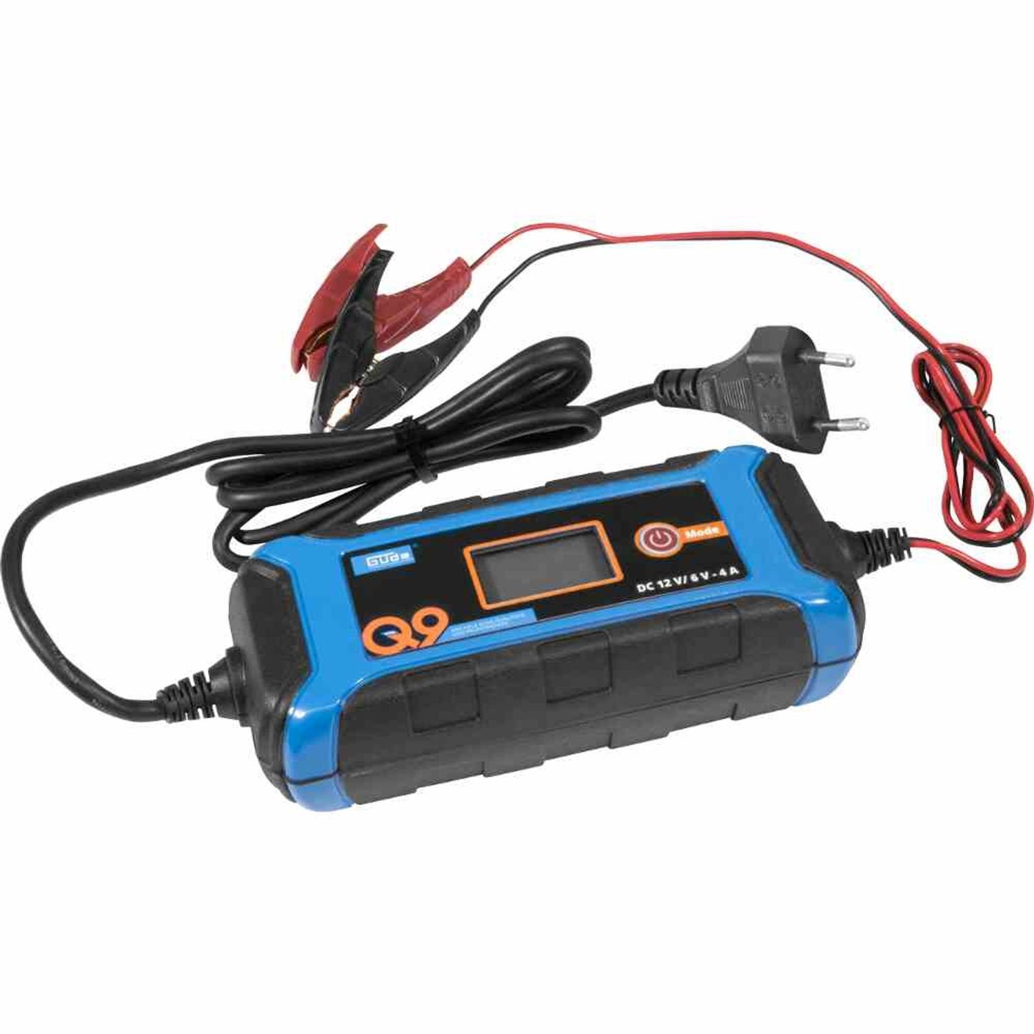 Güde GAB 12V/6V-4A Autobatterie-Ladegerät (Komplett-Set, inkl.  vollisolierten Batterieklemmen, Inverter-Technologie, LED-Info Display)